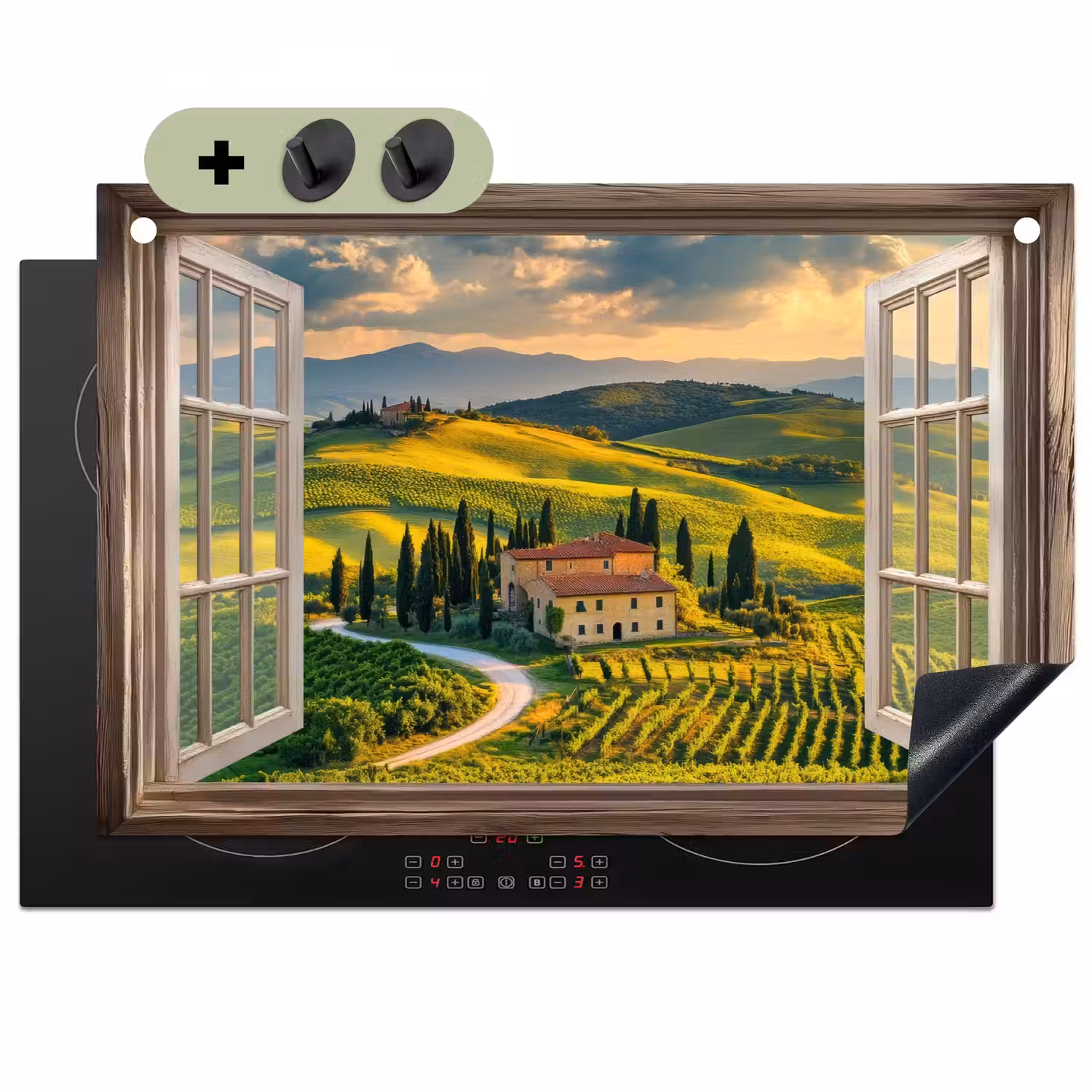 Doorkijk - Toscane - Uitzicht - Landschap - Zomer Inductie beschemer met haakjes klein -3d