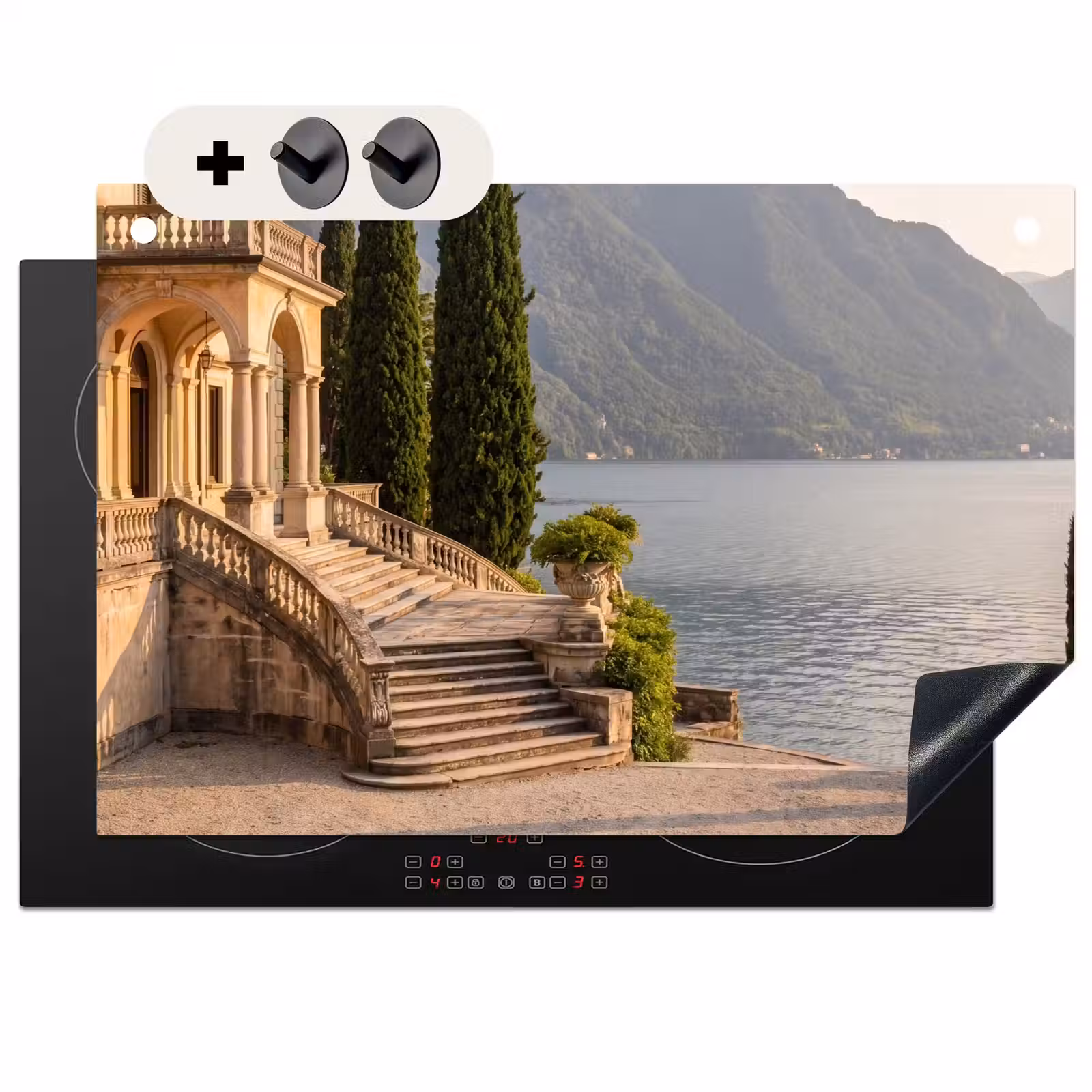 Induction Hob Cover & Splashback (2-in-1) - Villa - Water - Stairs - Villa - water -trappen Inductie beschemer met haakjes klein