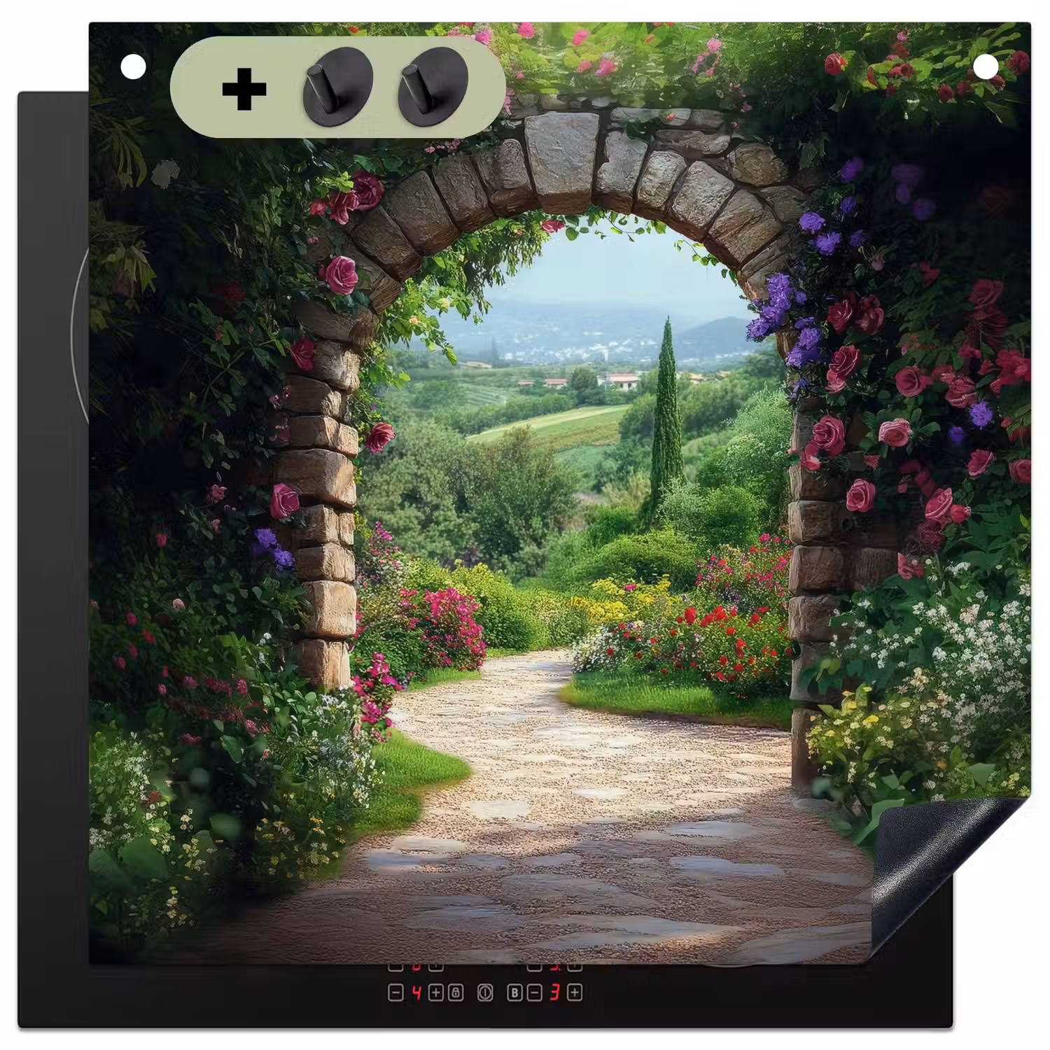 Doorkijk - Landschap - Bloemen - Pad - Uitzicht Inductie beschemer met haakjes middel -3d