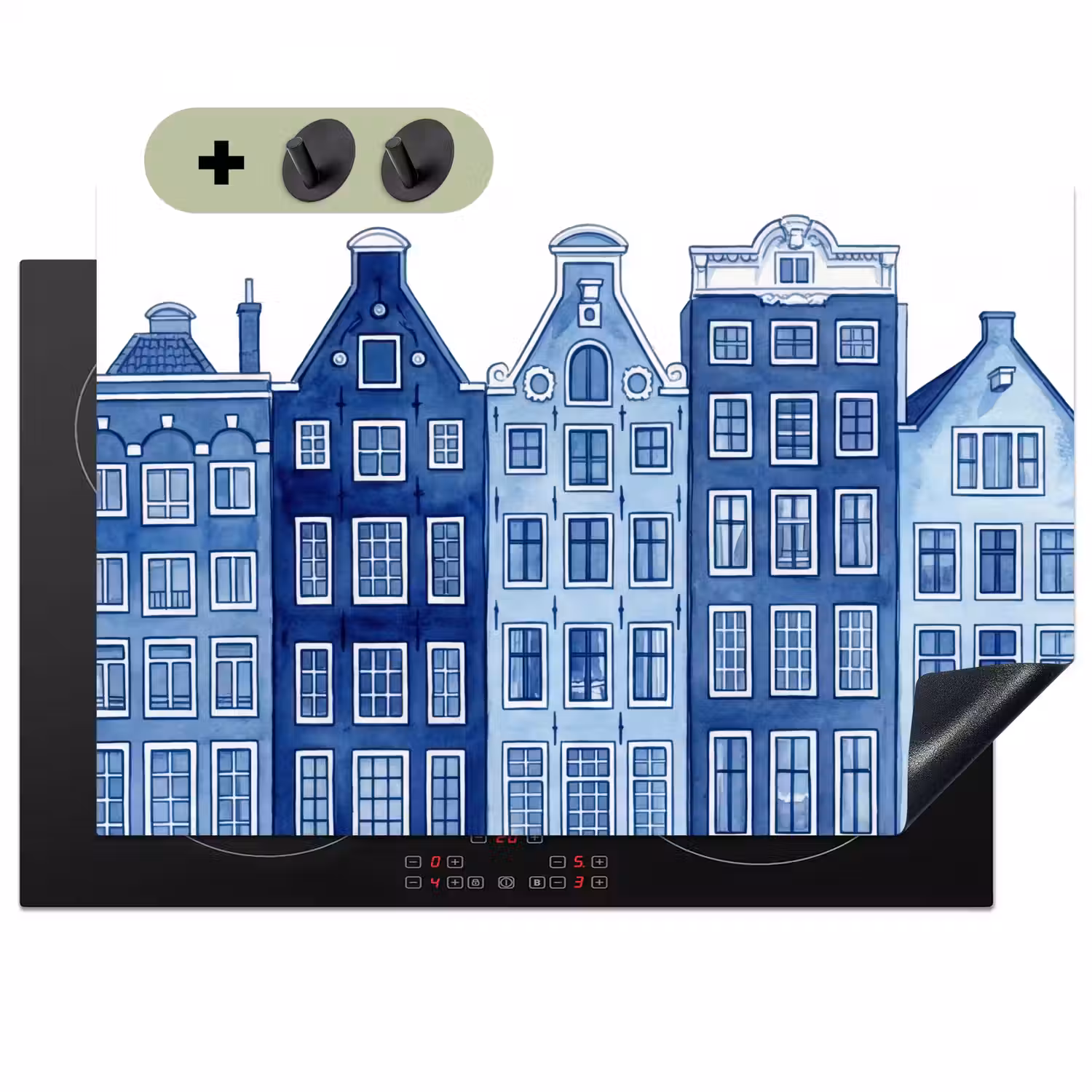 Aquarel - Grachtenpanden - Delfts - Blauw Inductie beschemer met haakjes klein -3d