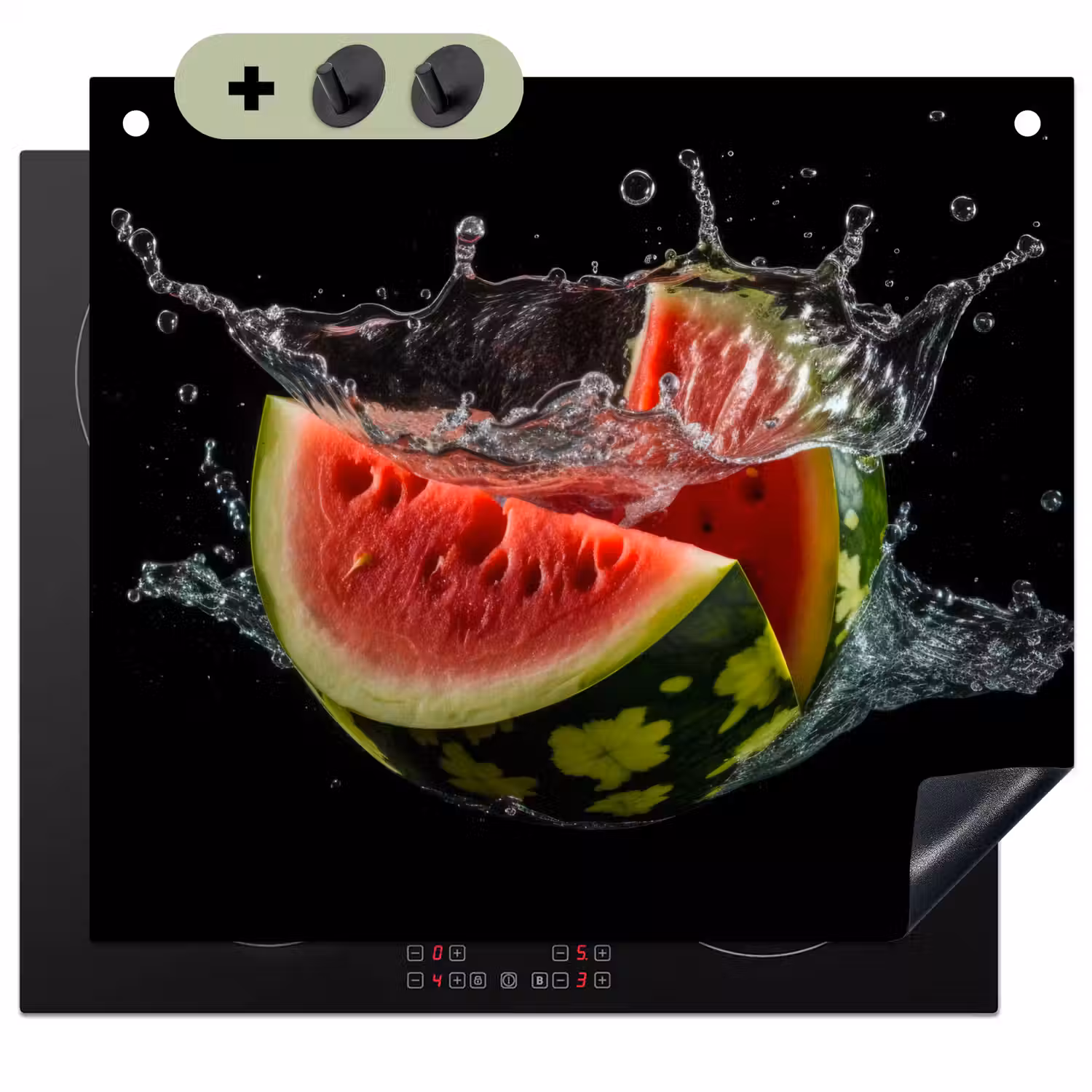 Watermeloen - Zwart - Water - Fruit - Meloen Inductie beschemer met haakjes middel -3d