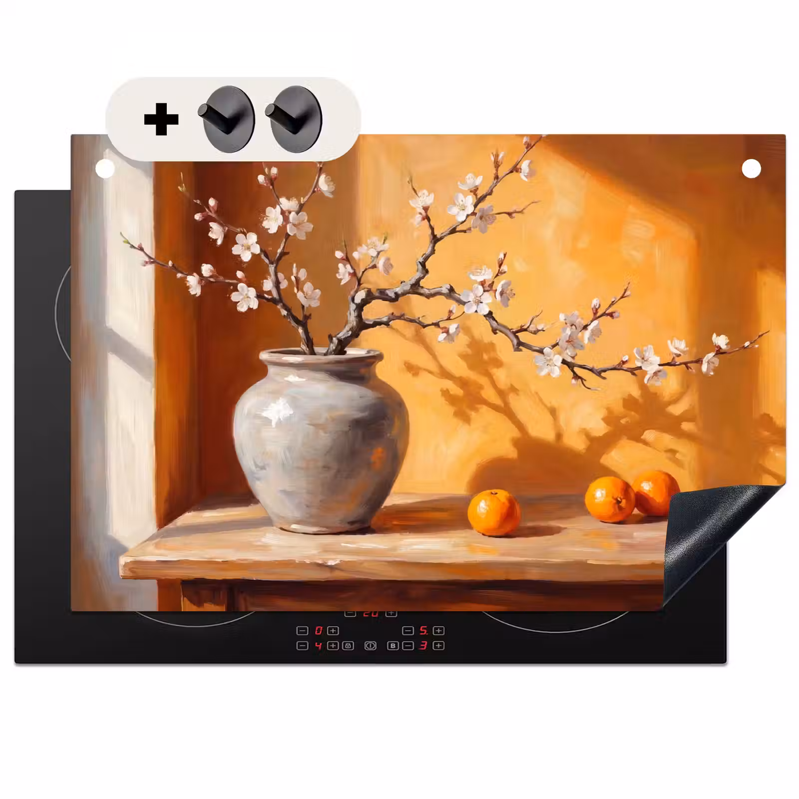 Induction Hob Cover & Splashback (2-in-1) - White Flowers - Still Life - Witte bloemen - Stilleven Inductie beschemer met haakjes klein