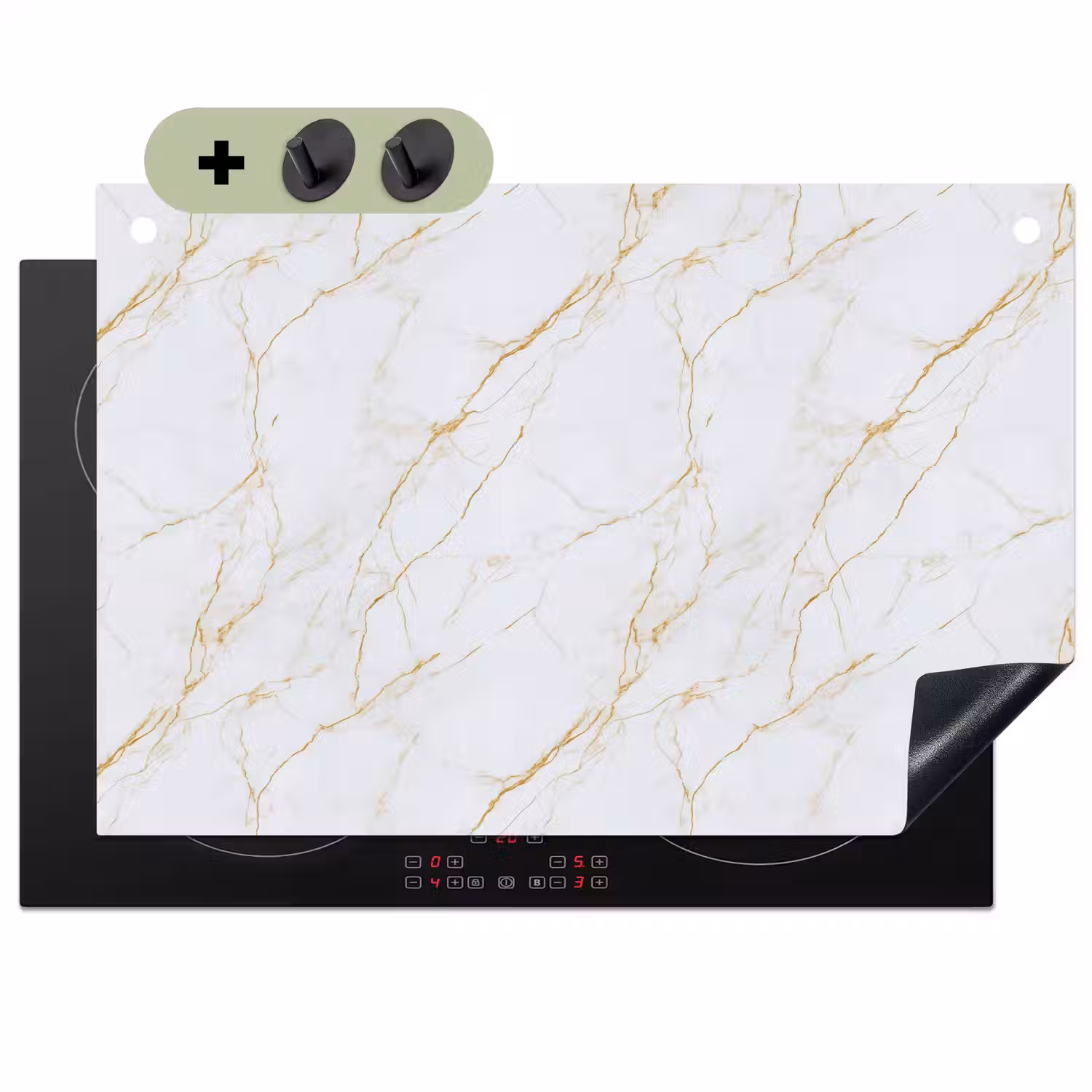 Wit - Marmer - Goud - Luxueus Inductie beschemer met haakjes klein 777 -3d