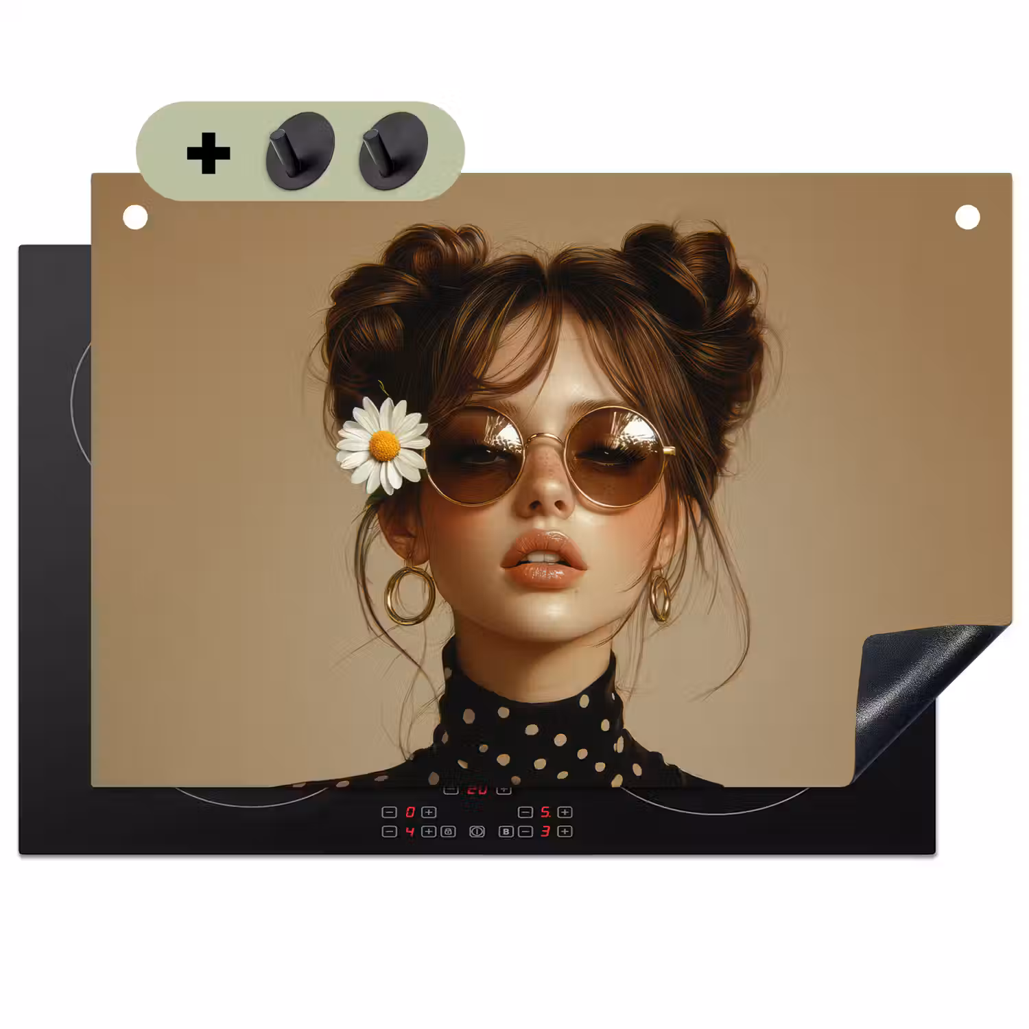 Vrouw - Beige - Bloem - Modern - Portret Inductie beschemer met haakjes klein -3d