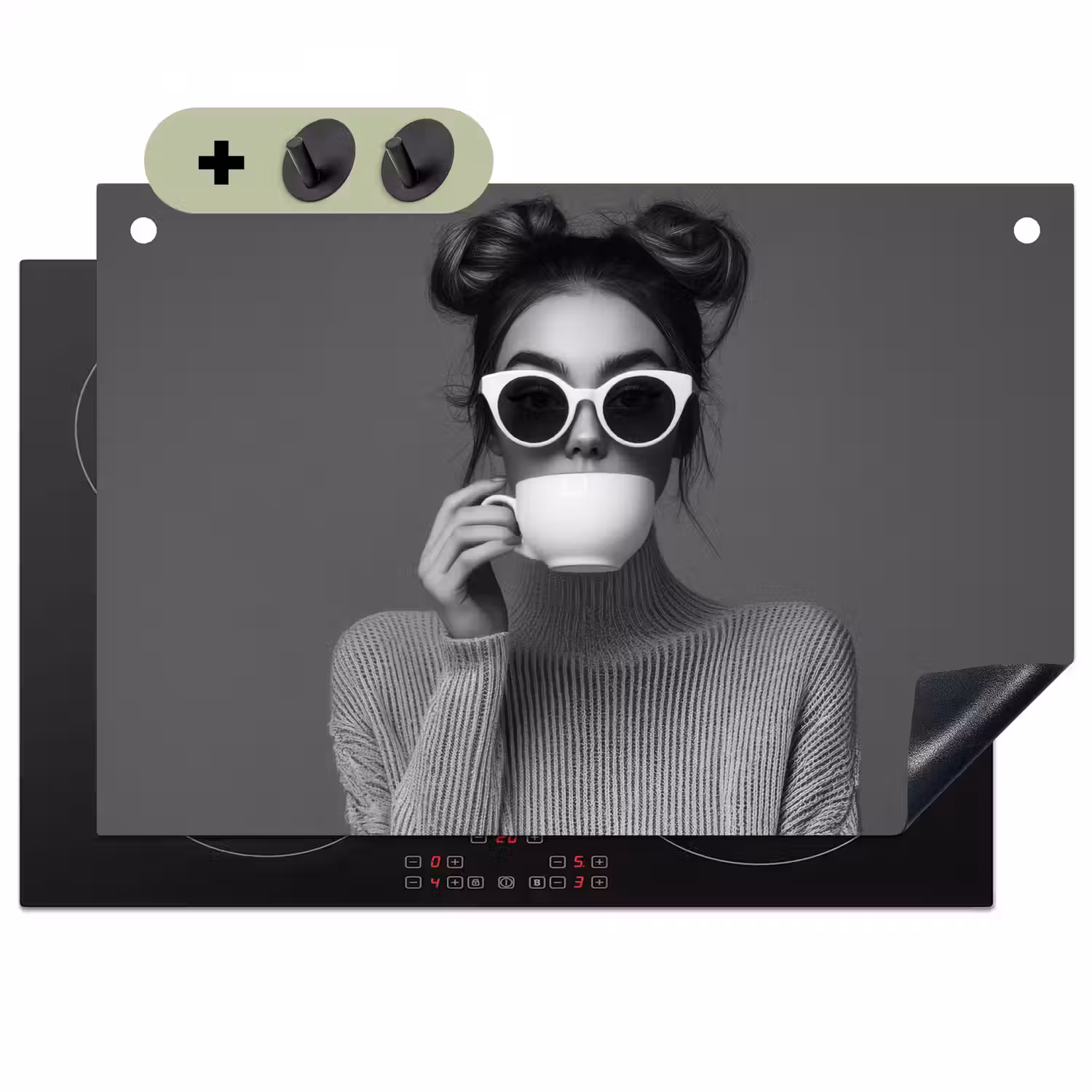 Vrouw - Koffie - Zwart - Wit Inductie beschemer met haakjes klein -3d
