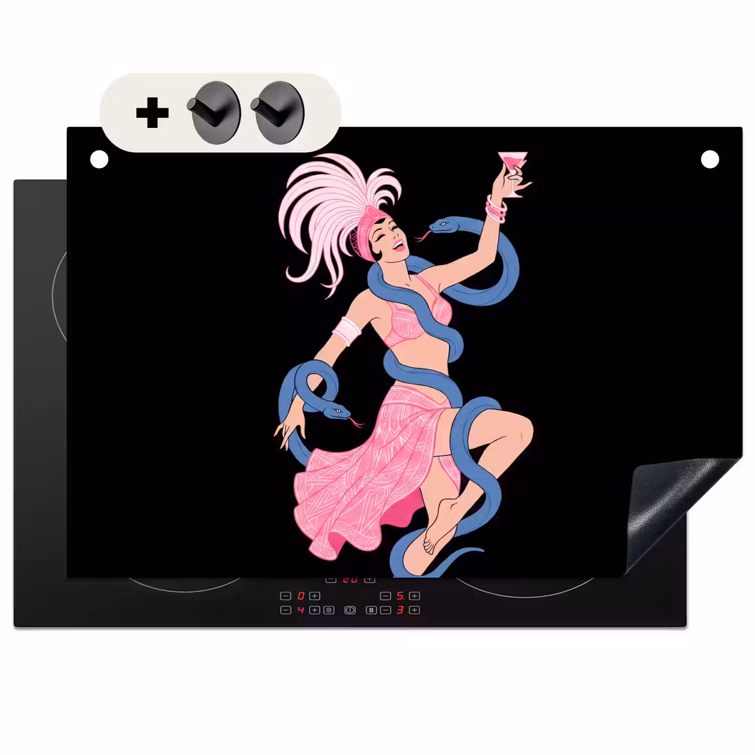Vrouw - Danseres - Slangen - Art Deco - Roze Inductie beschemer met haakjes klein -3d