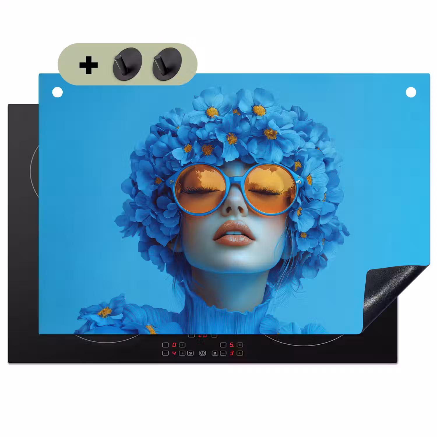 Vrouw - Bloem - Blauw - Modern - Bril - Portret Inductie beschemer met haakjes klein -3d