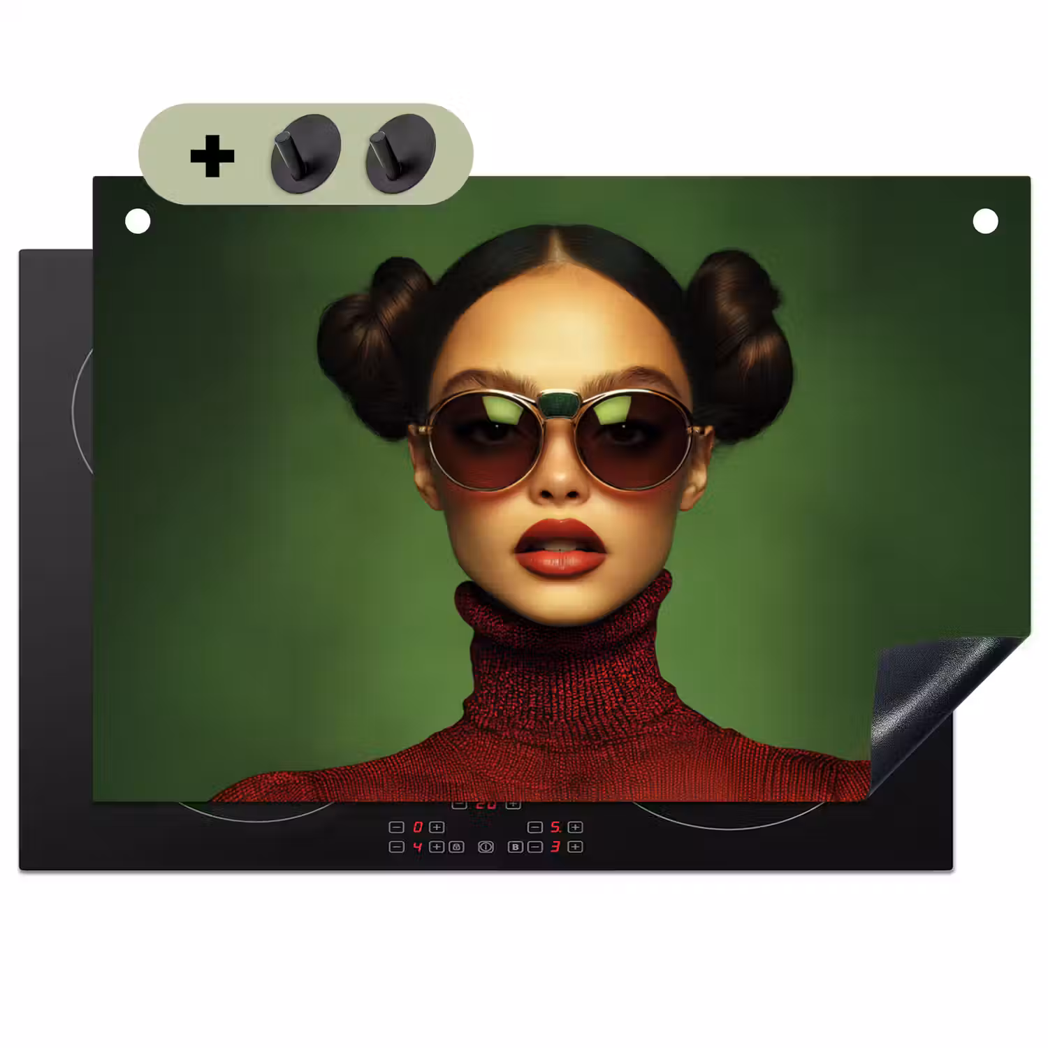 Vrouw - Groen - Bril - Aesthetic - Modern Inductie beschemer met haakjes klein -3d