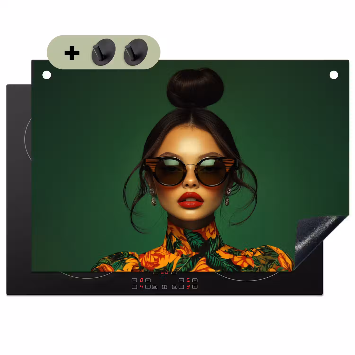 Vrouw - Groen - Modern - Bril - Abstract Inductie beschemer met haakjes klein -3d