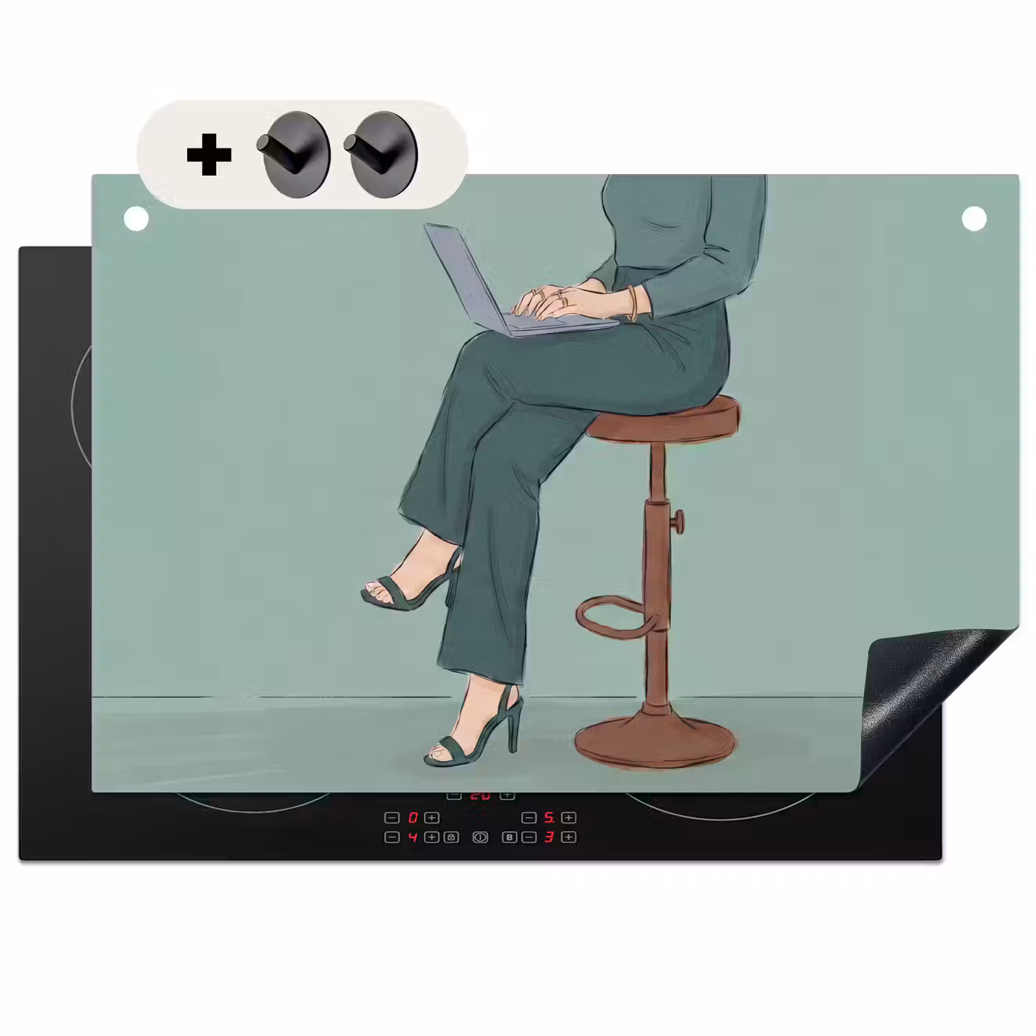 Vrouw - Laptop - Zittend - Illustratie - Groen Inductie beschemer met haakjes klein -3d