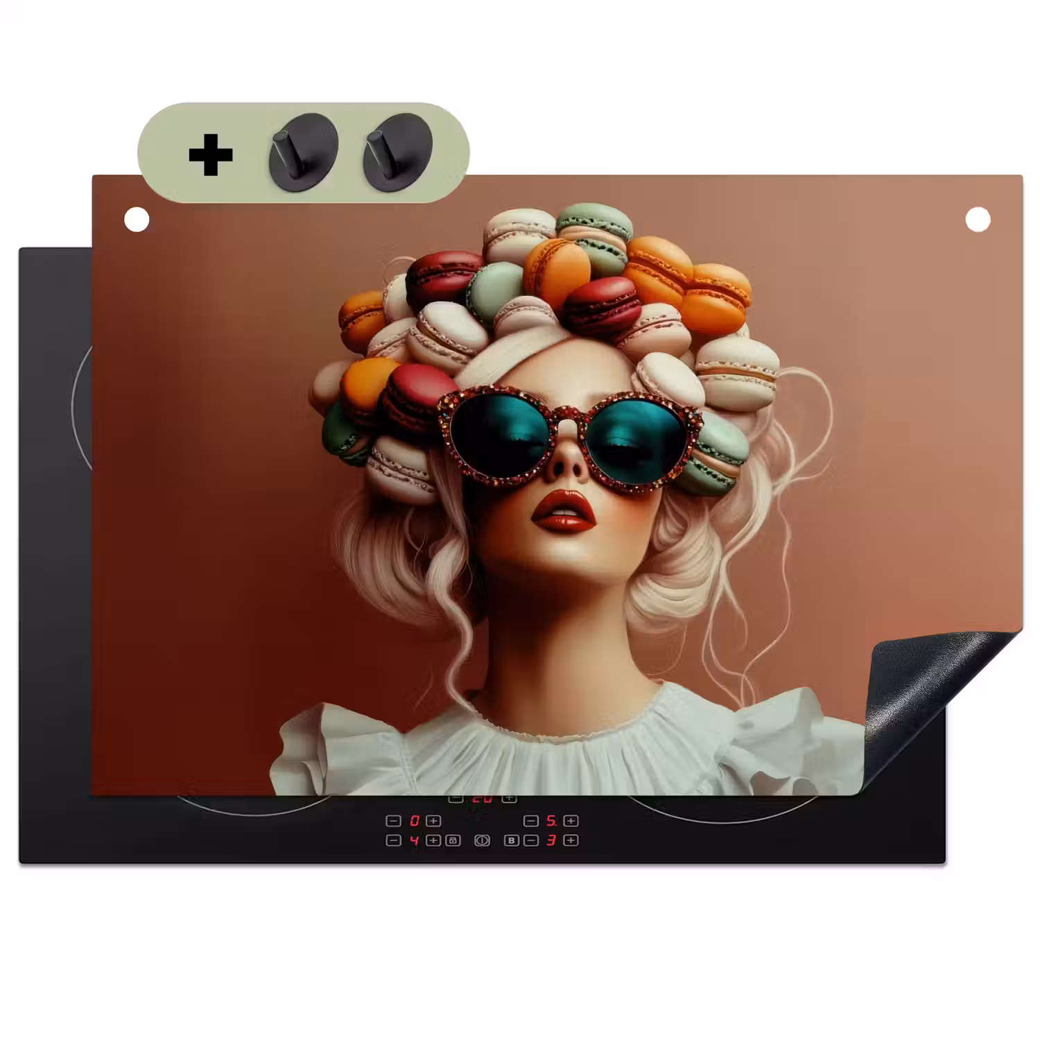 Vrouw - Macarons - Bril Inductie beschemer met haakjes klein -3d