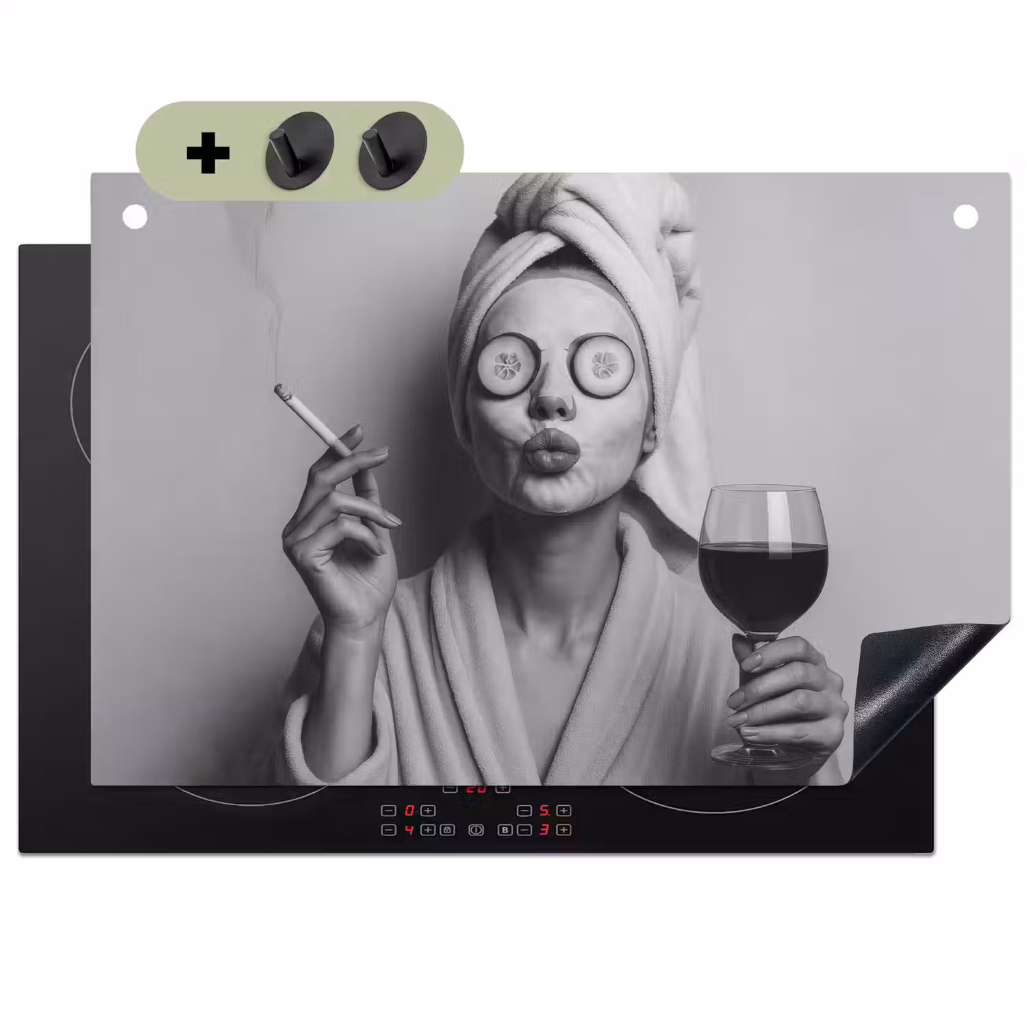 Vrouw - Masker - Wijn - Sigaret Inductie beschemer met haakjes klein -3d