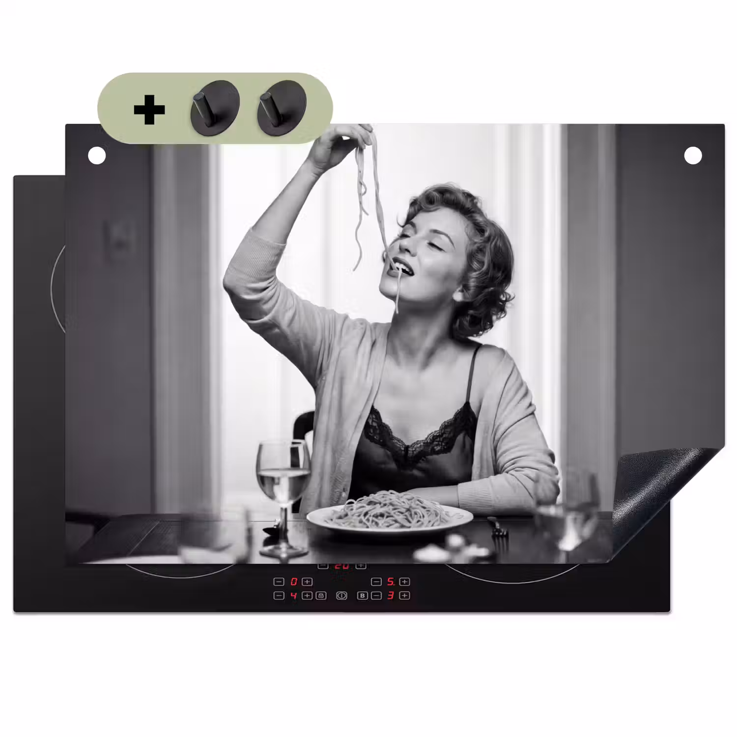Vrouw - Spaghetti - Zwart - Wit Inductie beschemer met haakjes klein -3d