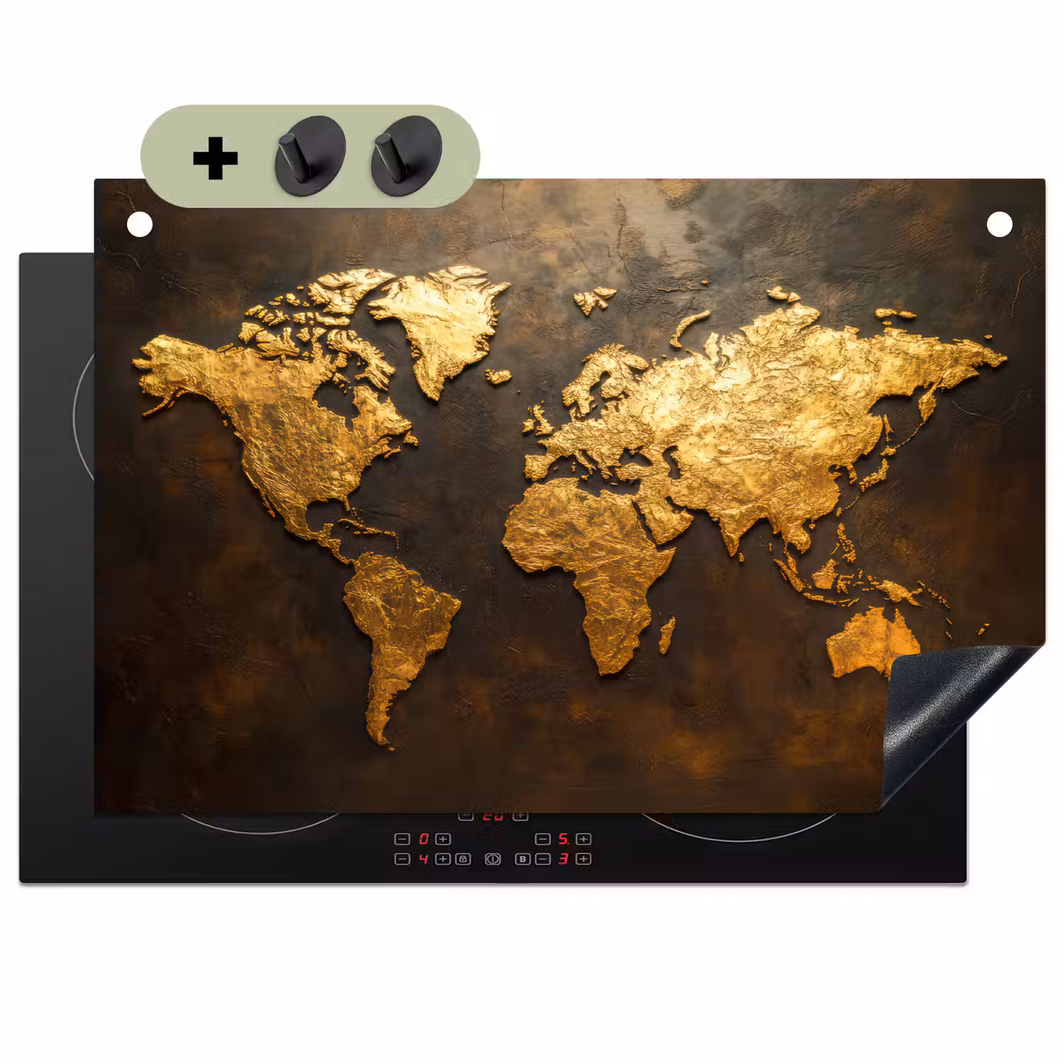 Wereldkaart - Goud - Roest Inductie beschemer met haakjes klein -3d