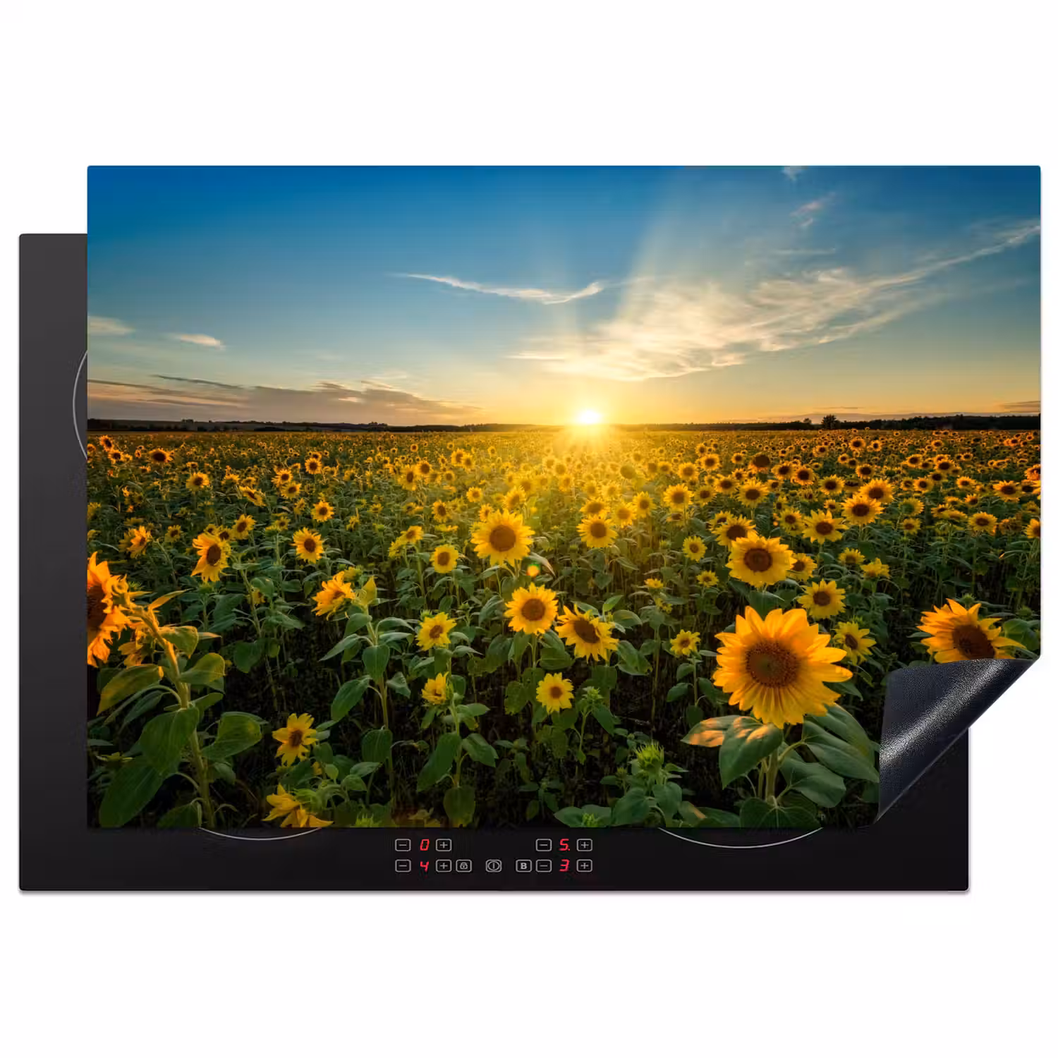 Zonsondergang - Bloemen - Zonnebloem - Horizon - Landschap Inductie beschermer vinyl 3mm middel -3d