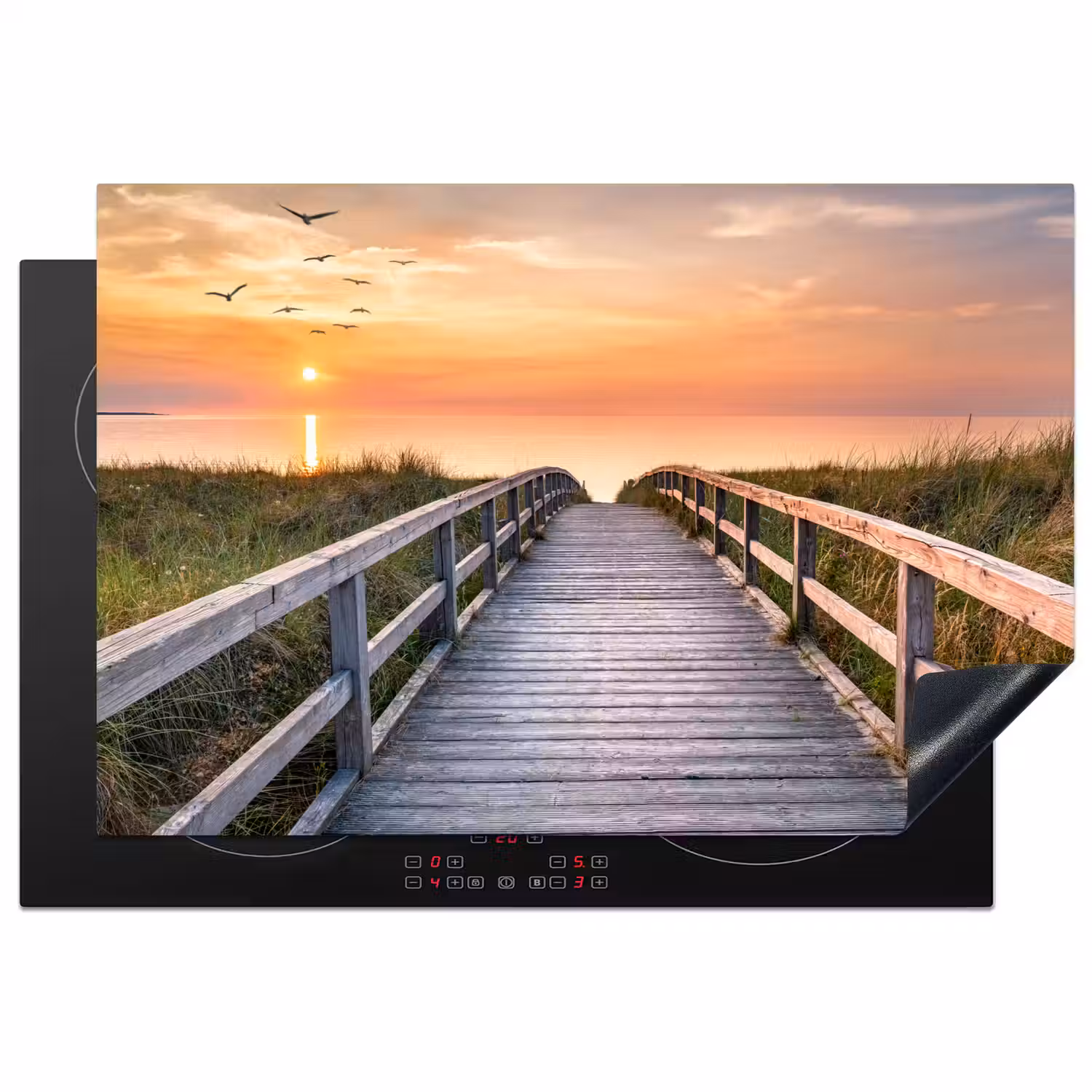 Zonsonderang - Zee - Pad - Gras - Duin - Vogels Inductie beschermer vinyl 3mm klein -3d