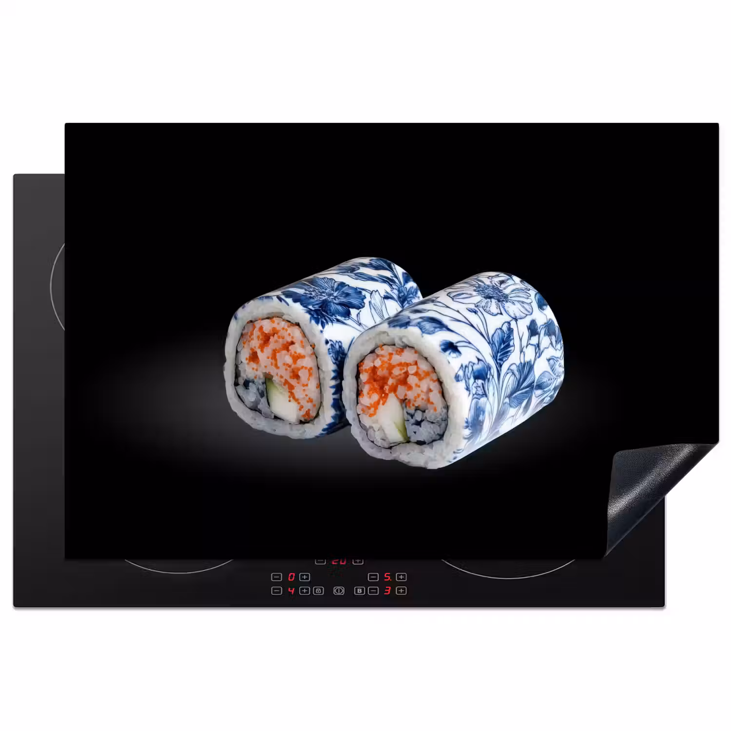 Sushi - Delfts blauw - Rijst - Vis - Elegant Inductie beschermer vinyl 3mm klein -3d