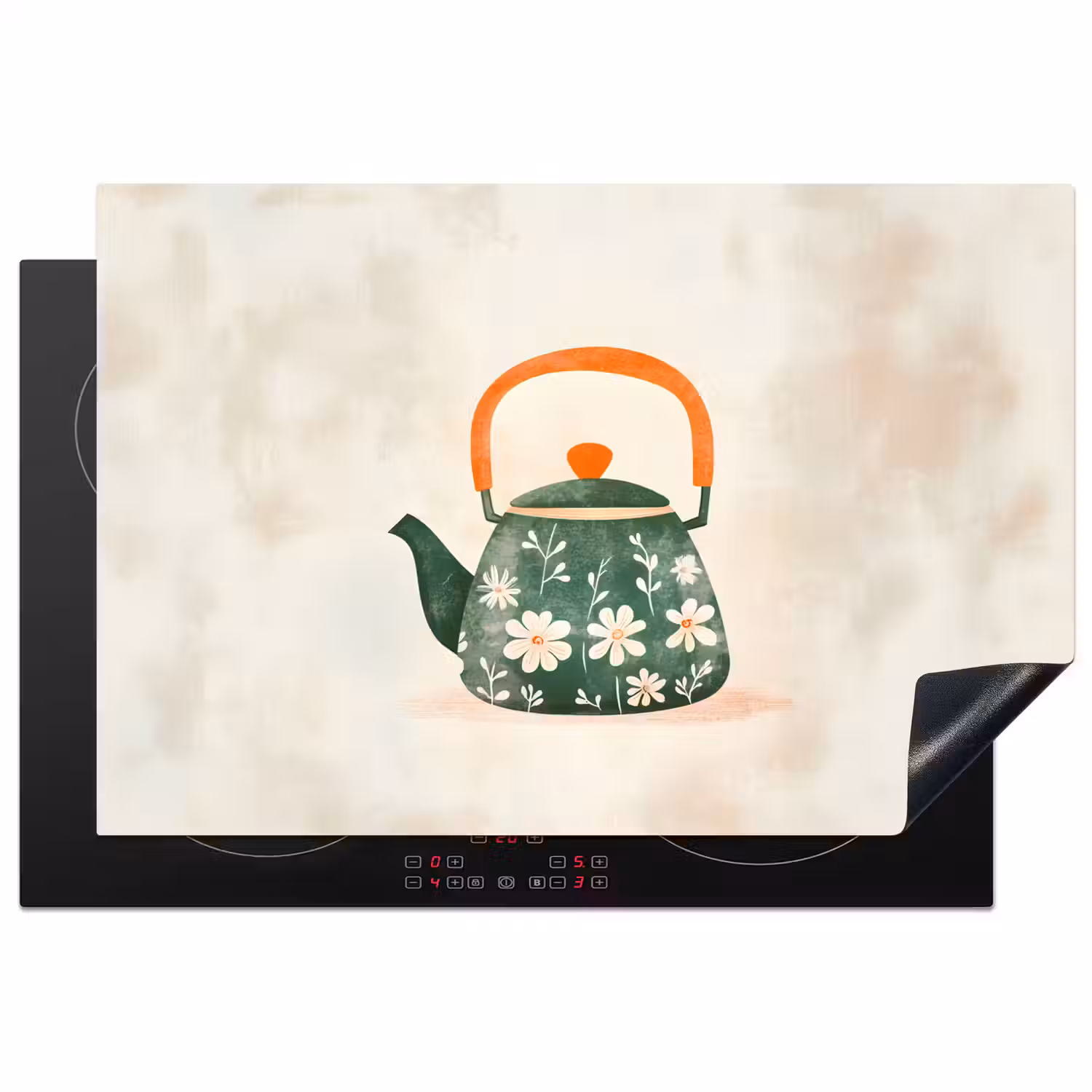 Theepot - Groen - Bloemen - Oranje Inductie beschermer vinyl 3mm klein -3d