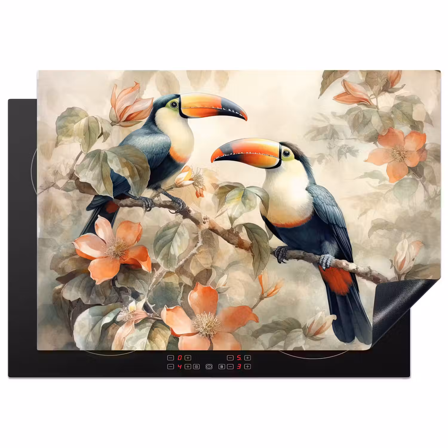 Toekan - Vogels - Bloemen - Tak Inductie beschermer vinyl 3mm middel -3d