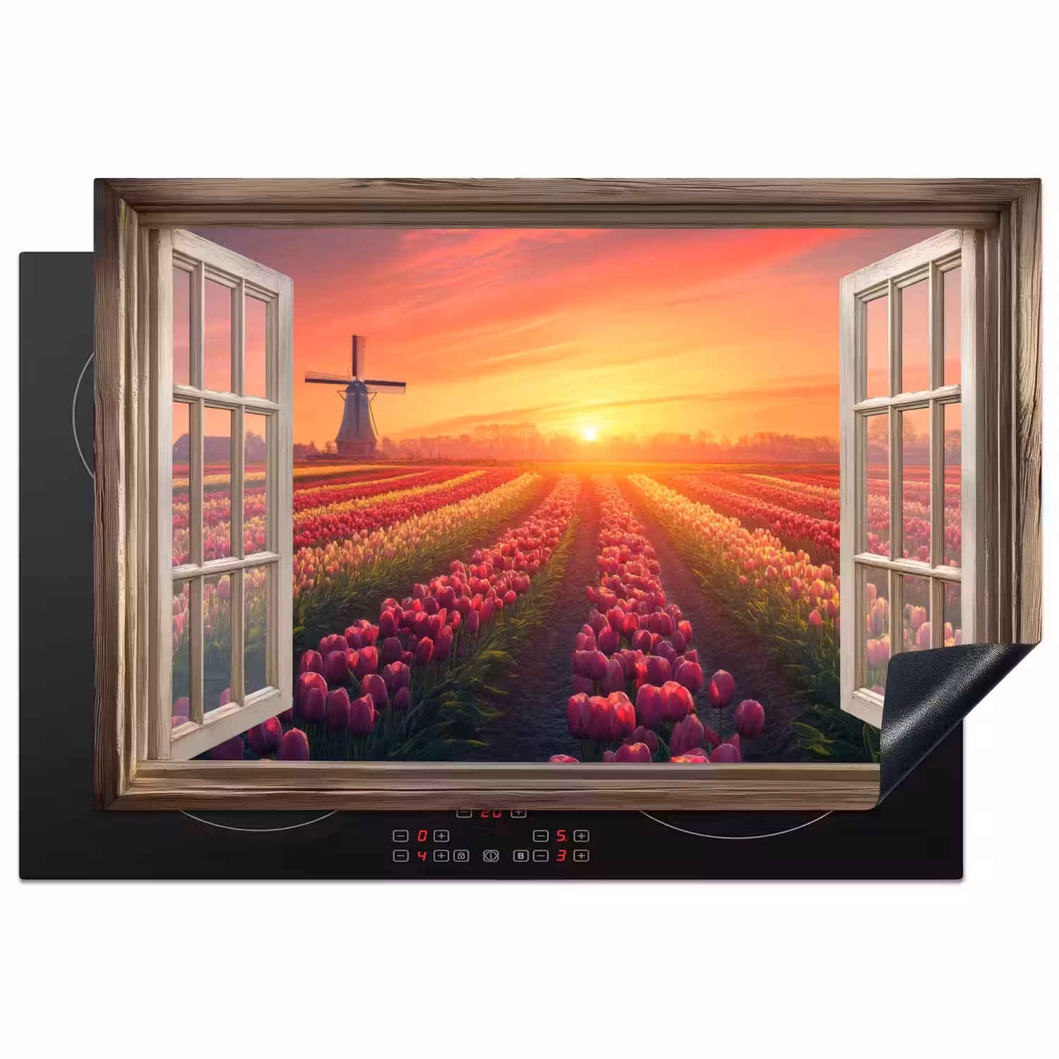 Doorkijk - Tulpen - Zonsondergang - Bloemen - Kleurrijk Inductie beschermer vinyl 3mm klein -3d