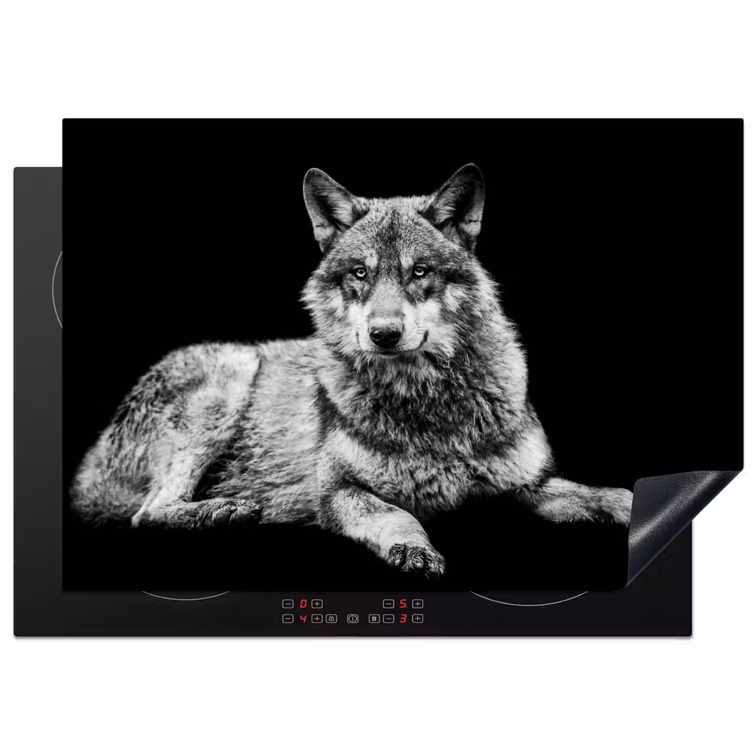 Wilde dieren - Wolf - Zwart - Wit Inductie beschermer vinyl 3mm middel -3d