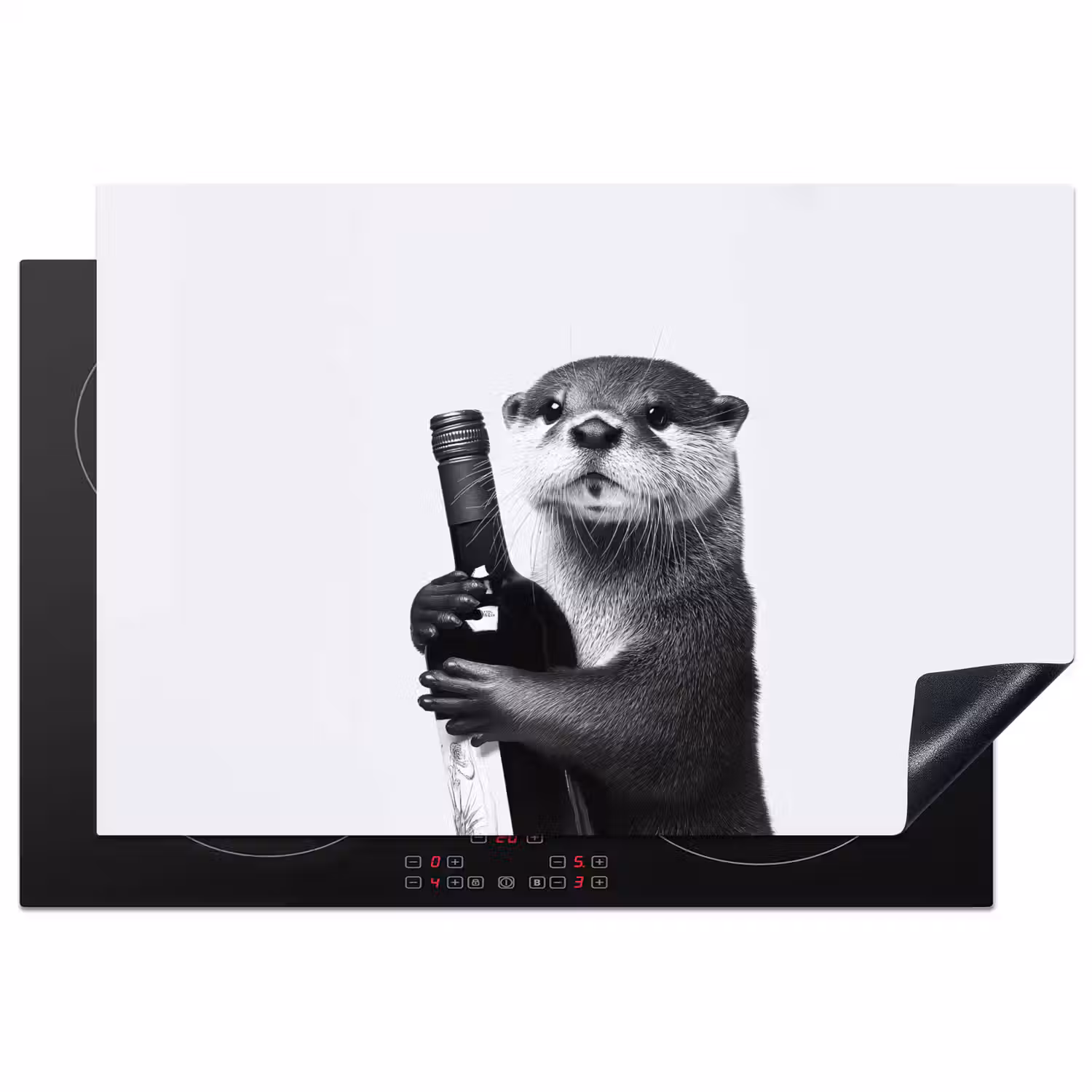 Wijnfles - Otter - Zwart Inductie beschermer vinyl 3mm klein -3d