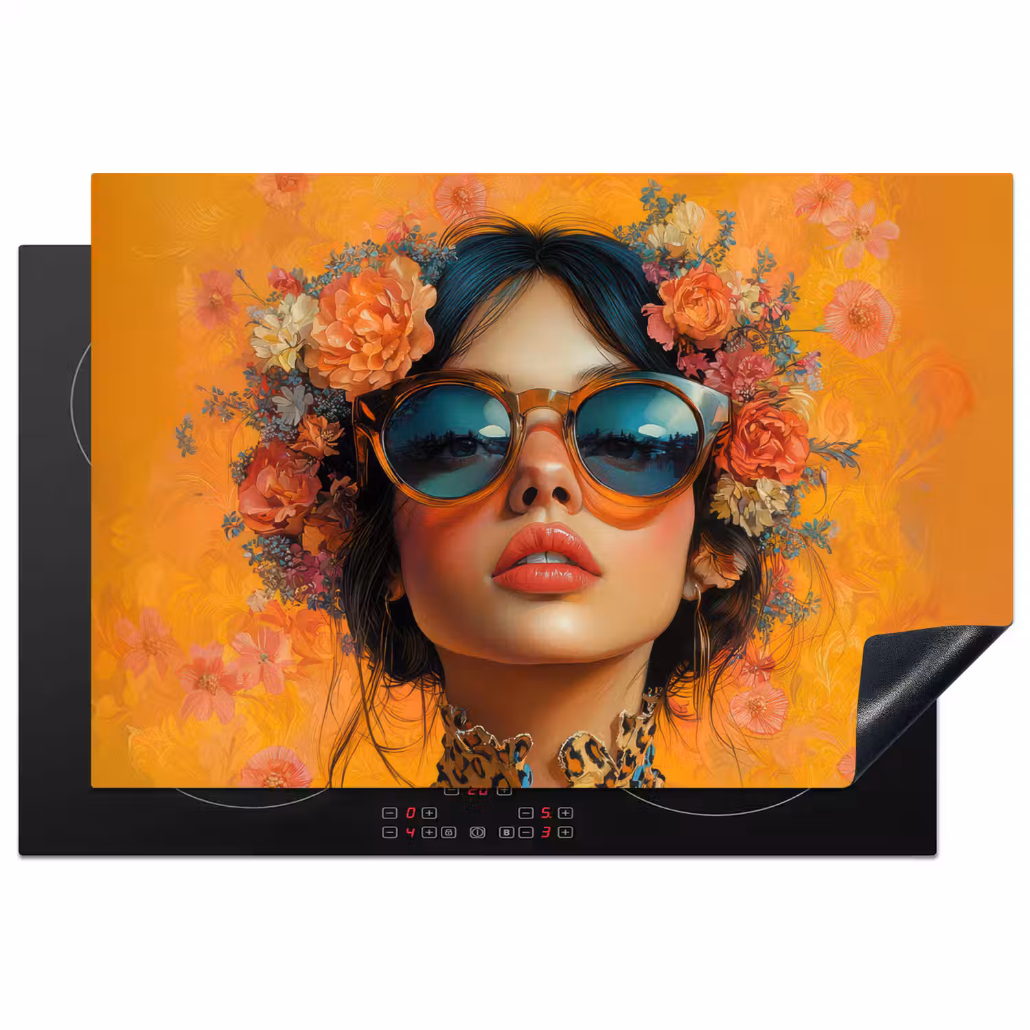 Vrouw - Bloemen - Aesthetic - Oranje Inductie beschermer vinyl 3mm klein -3d