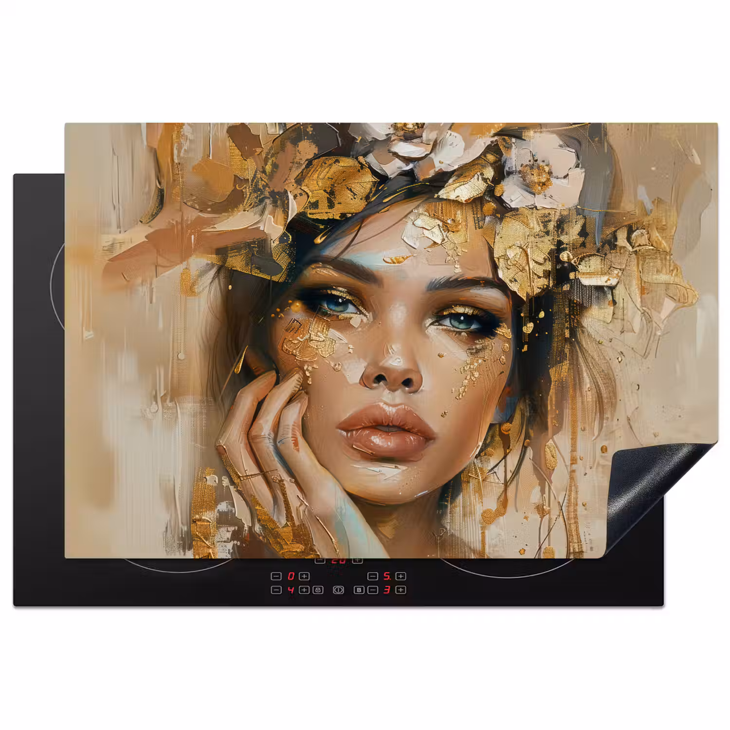 Vrouw - Bloemen - Goud - Portret Inductie beschermer vinyl 3mm klein -3d