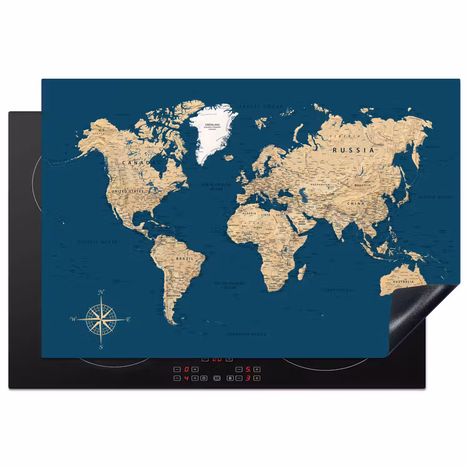 Wereldkaart - Donkerblauw - Beige Inductie beschermer vinyl 3mm klein -3d