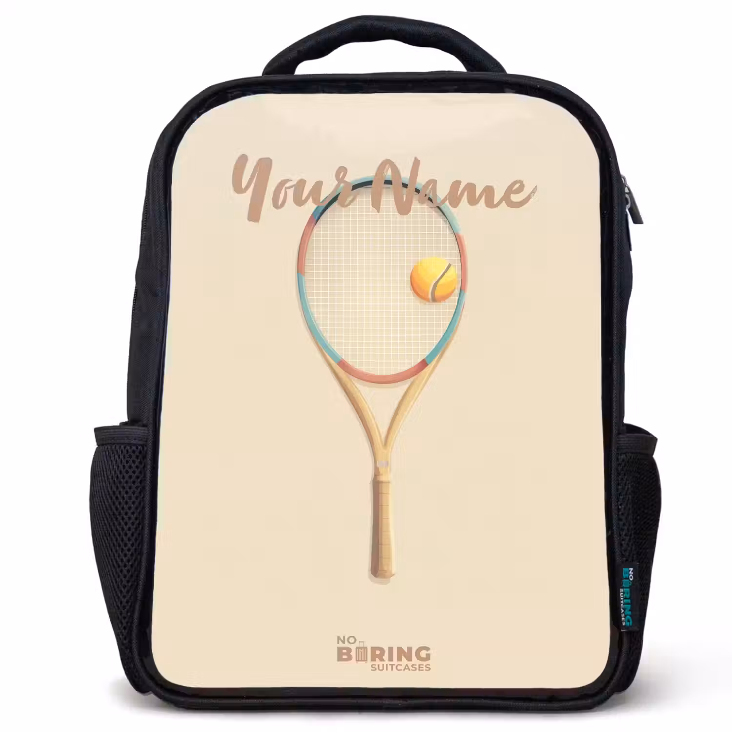 Een tennisracket in beige tinten Rugzak - Zwart middel -3d