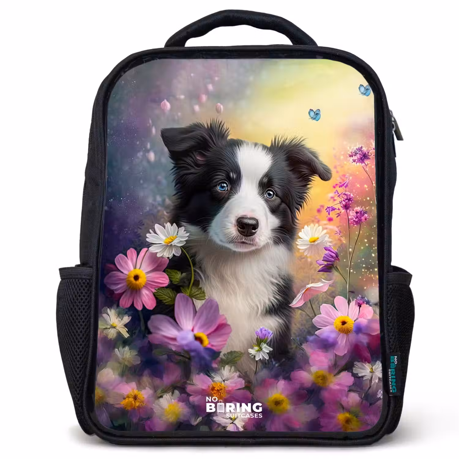 zwart witte puppy tussen kleurrijke bloemen Rugzak - Zwart middel -3d