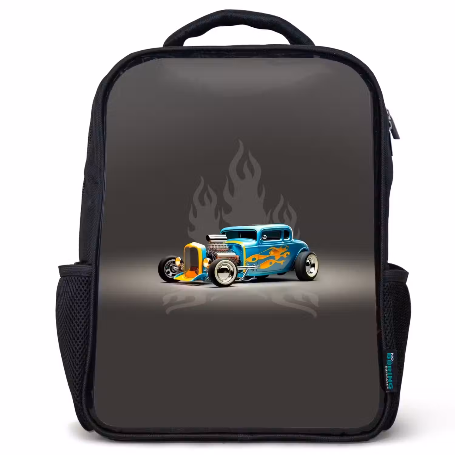 Blauwe auto met grijze vlammen Rugzak - Zwart middel -3d