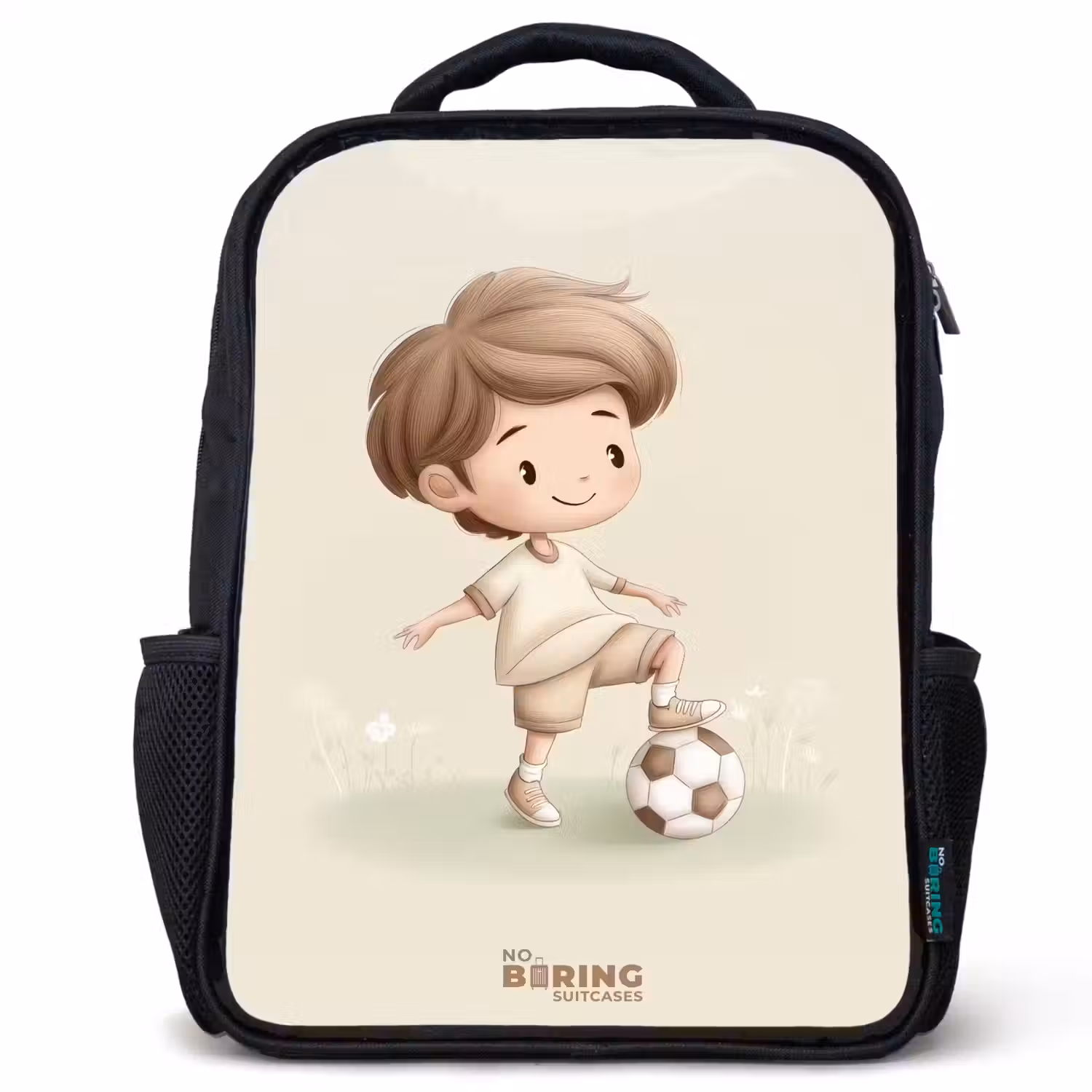 Jongen met een voetbal in bruine tinten Rugzak - Zwart middel -3d