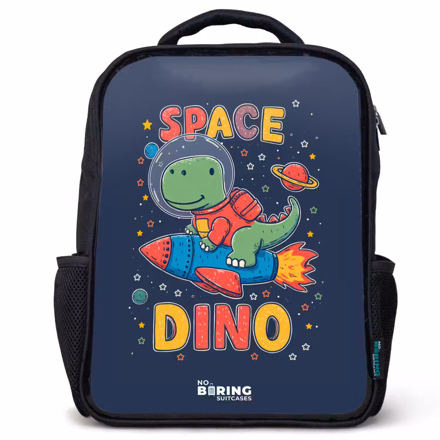 Dino - Groen - Raket - Sterren Rugzak - Zwart middel -3d