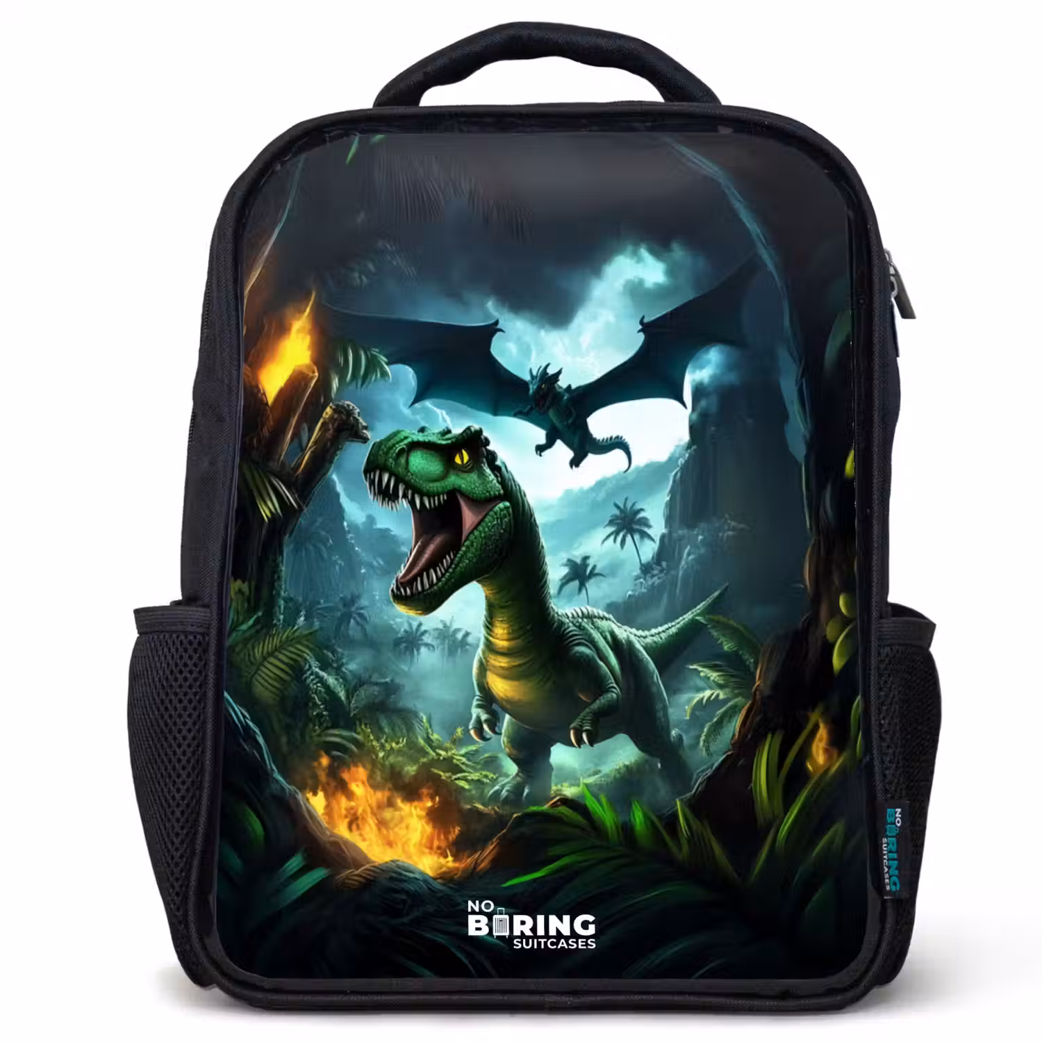 Dinosaurus en draak in vurige junglevallei Rugzak - Zwart middel -3d