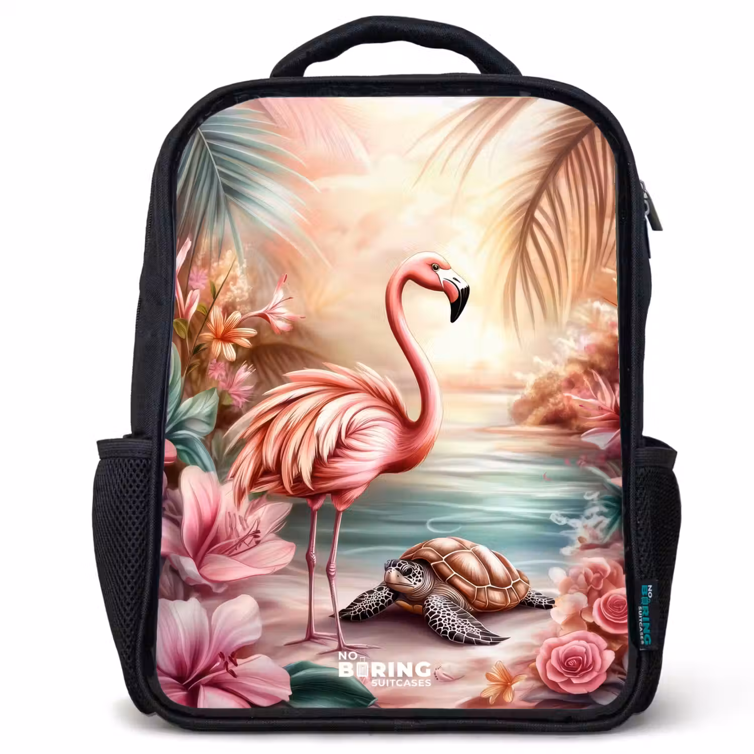 Flamingo en schildpad op een roze strand. Rugzak - Zwart middel -3d