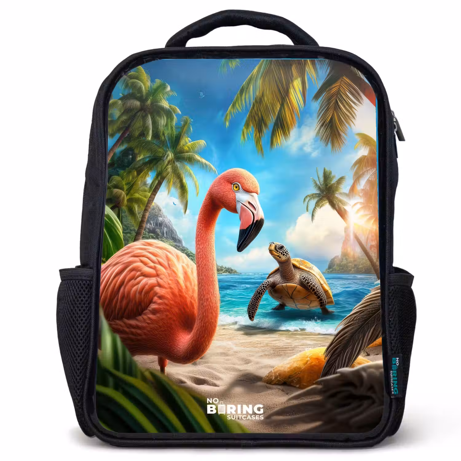 Flamingo en schildpad op tropisch strand Rugzak - Zwart middel -3d