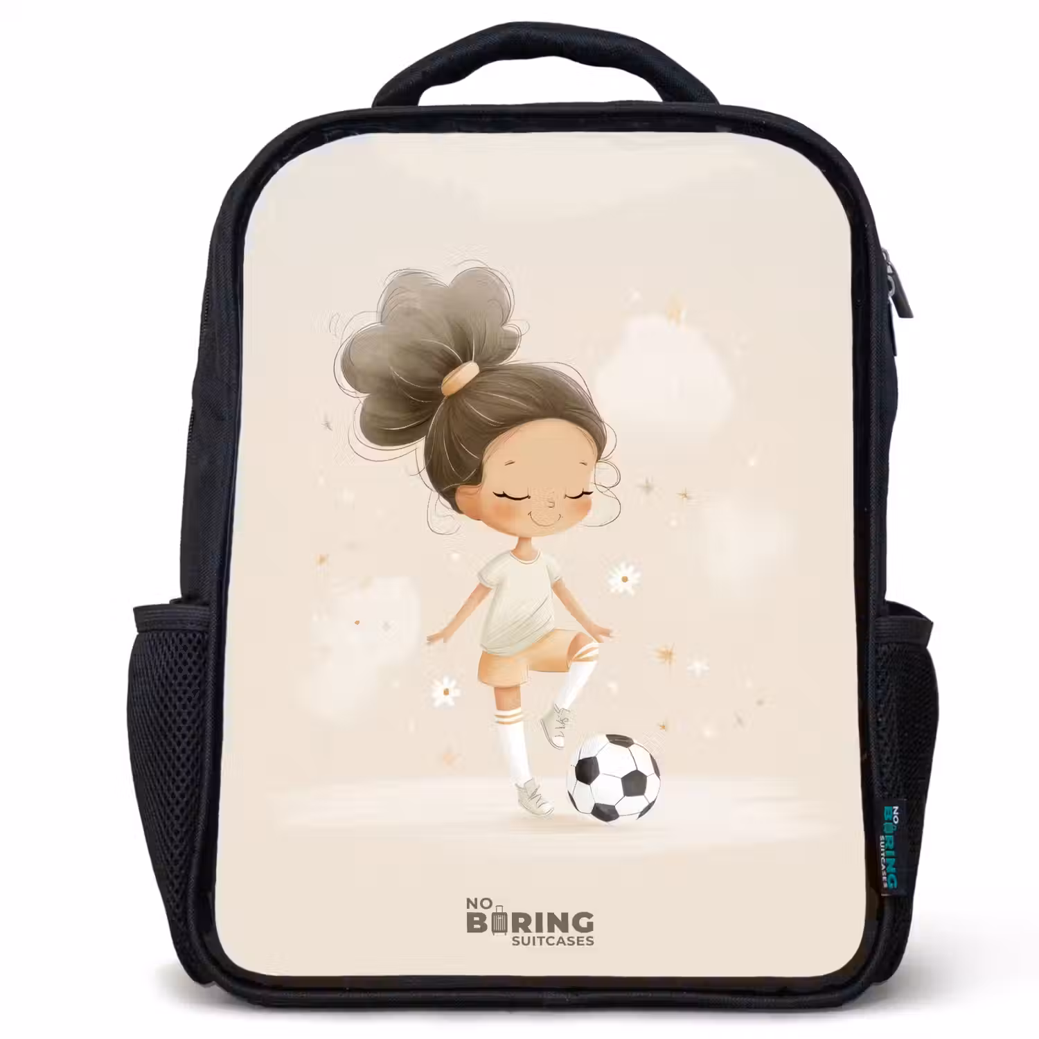 Meisje met een voetbal in beige kleuren Rugzak - Zwart middel -3d