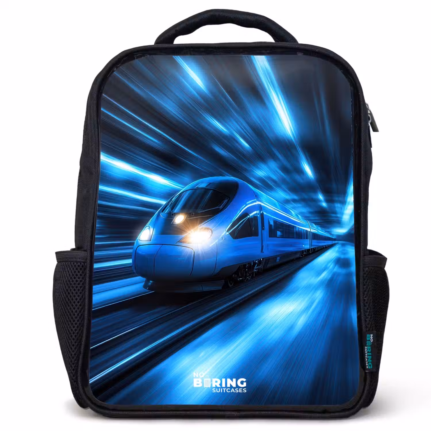 Supersnelle trein in neonblauwe tunnel Rugzak - Zwart middel -3d