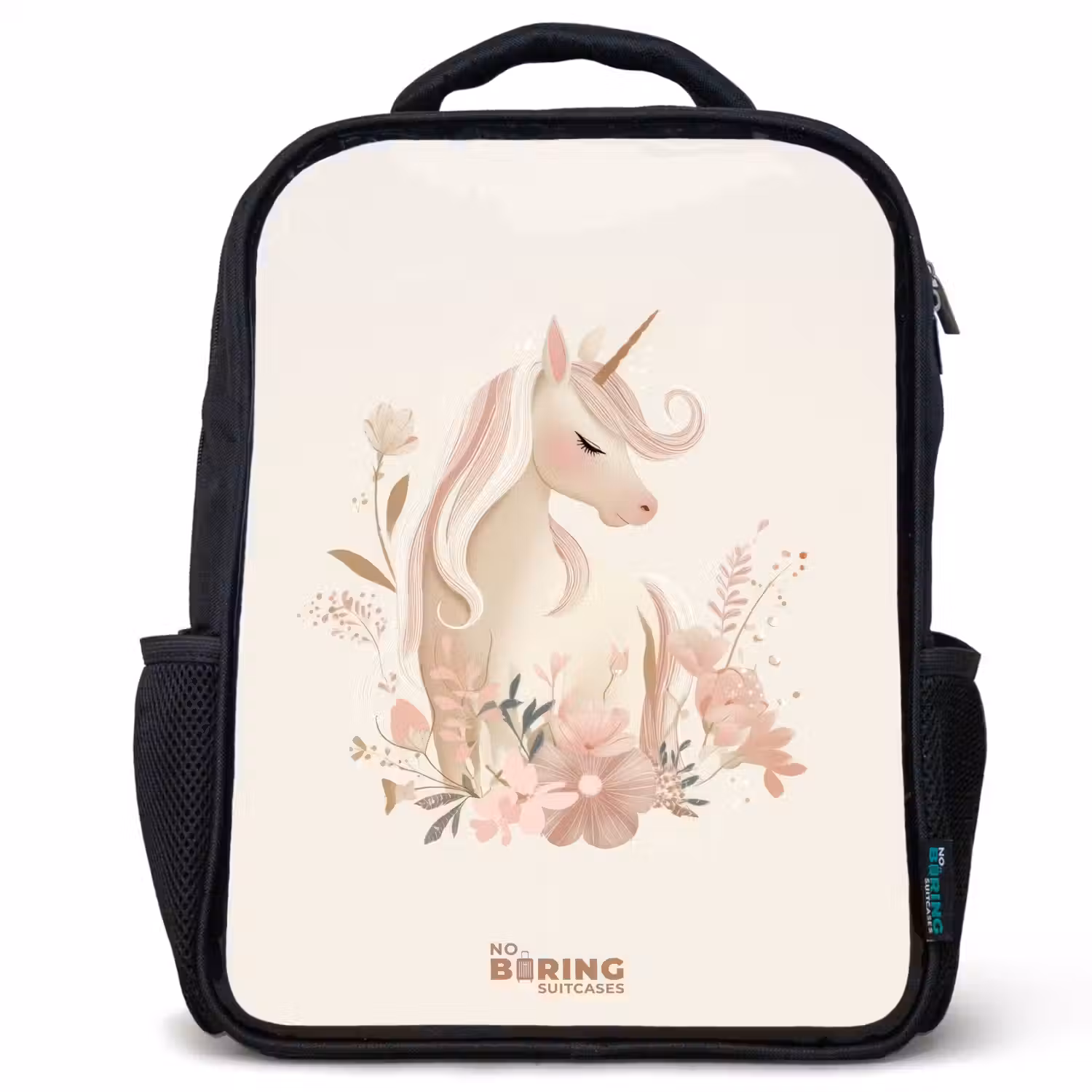 Eenhoorn tussen bloemen in roze pastel kleuren Rugzak - Zwart middel -3d