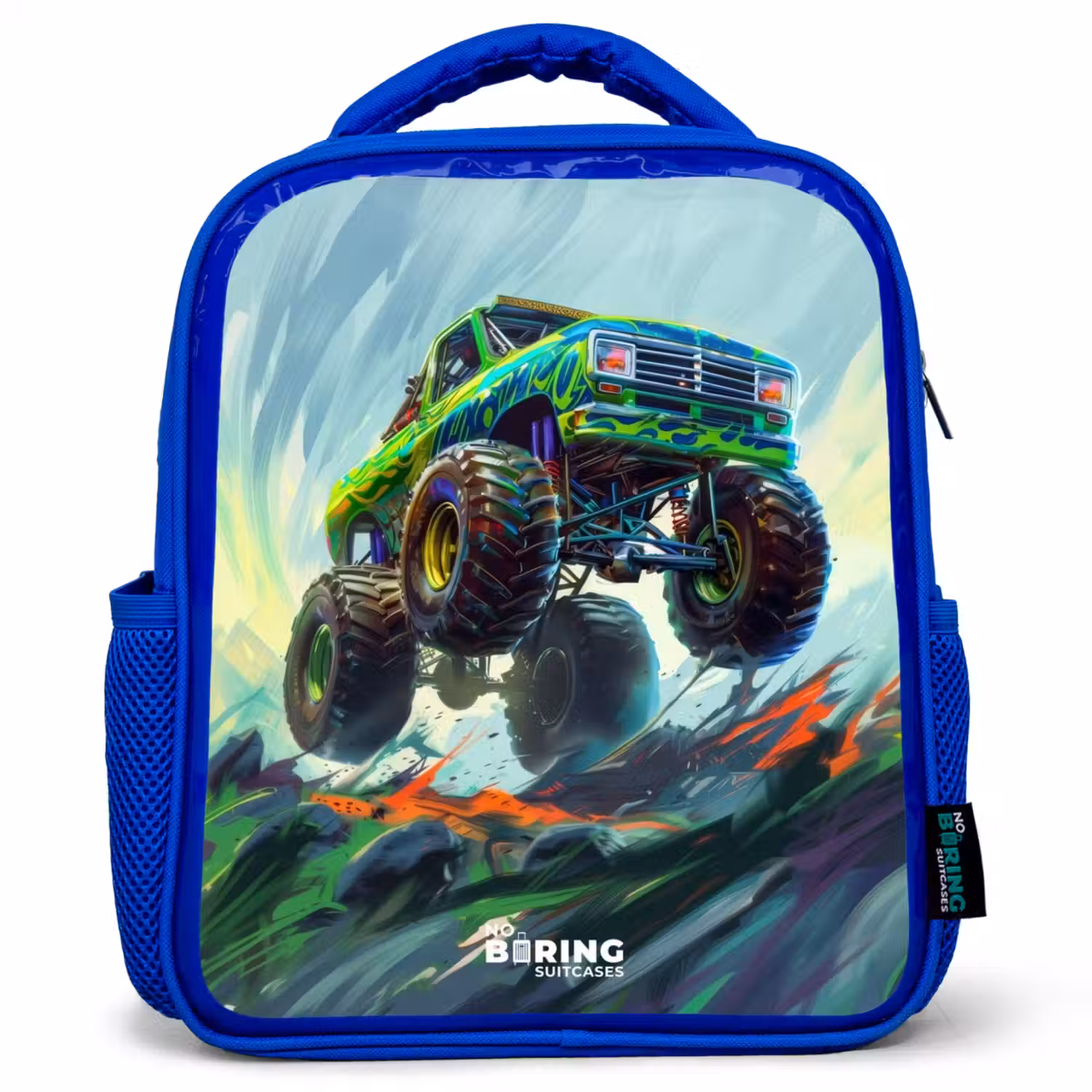Groene Monstertruck met Penseelstreken Kinderrugzak - Blauw middel -3d