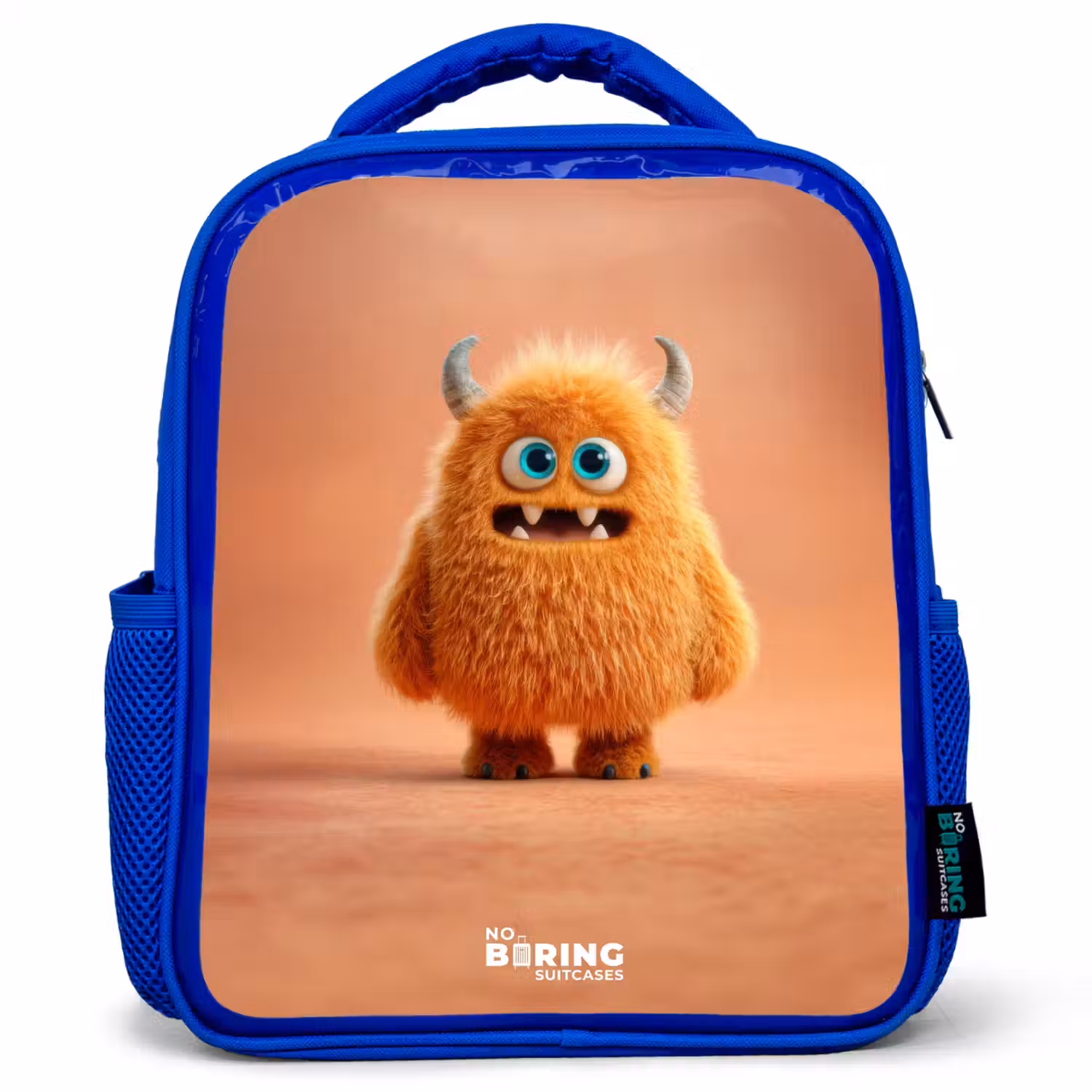 Oranje Pluizig Monster met Hoorns Kinderrugzak - Blauw middel -3d