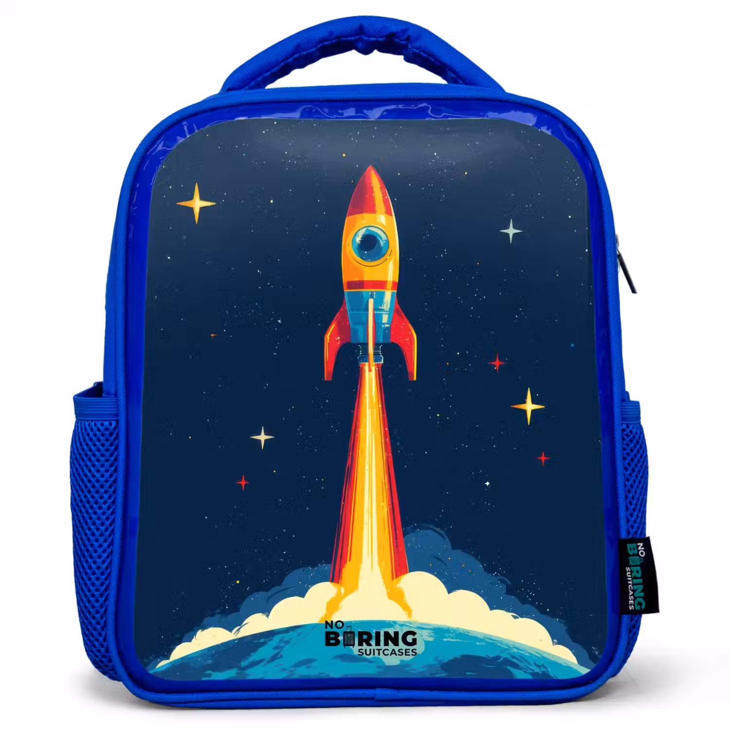 Planeet - Raket - Sterren - Donkerblauw Kinderrugzak - Blauw middel -3d