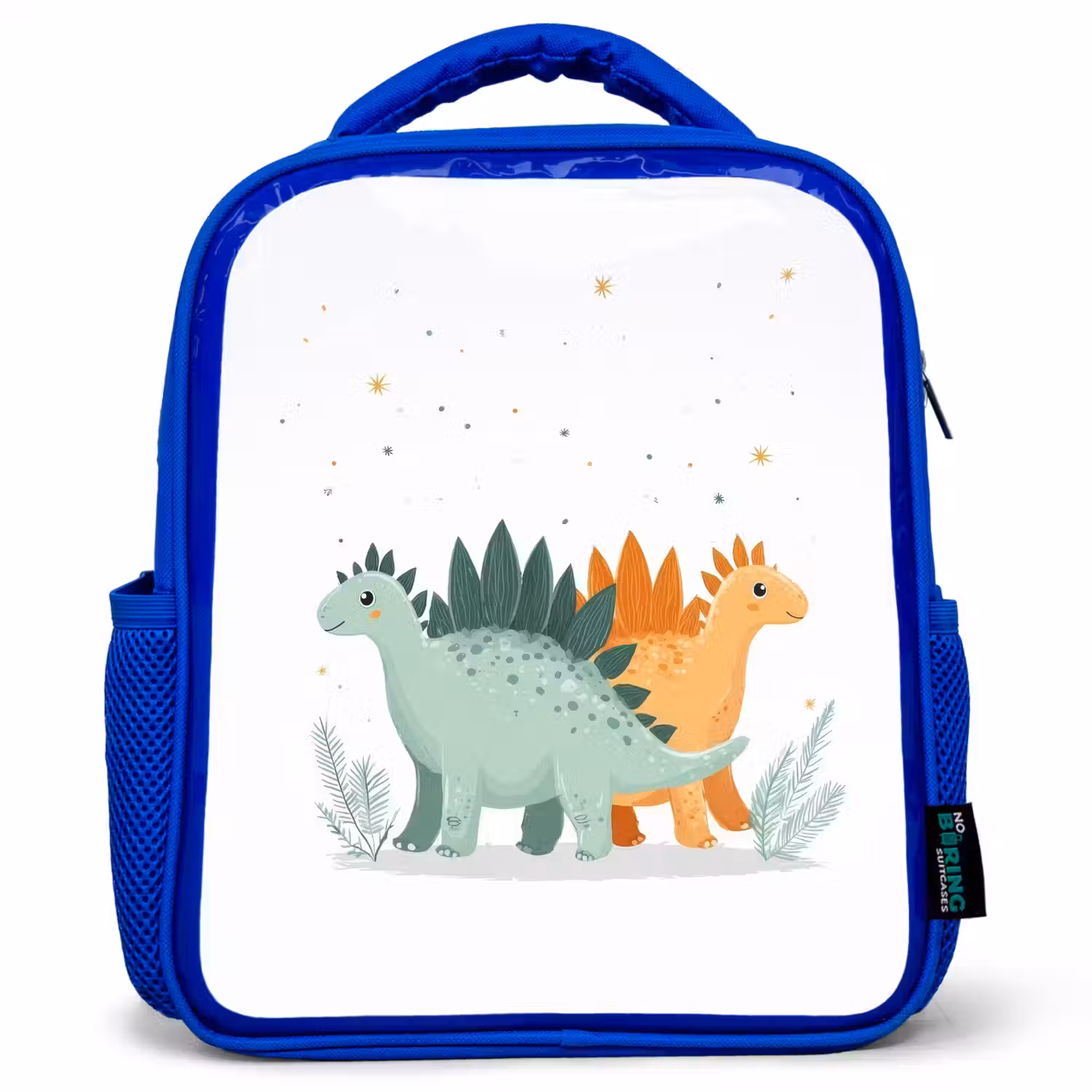 Planten - Sterren - Dinosaurussen - Oranje Kinderrugzak - Blauw middel -3d