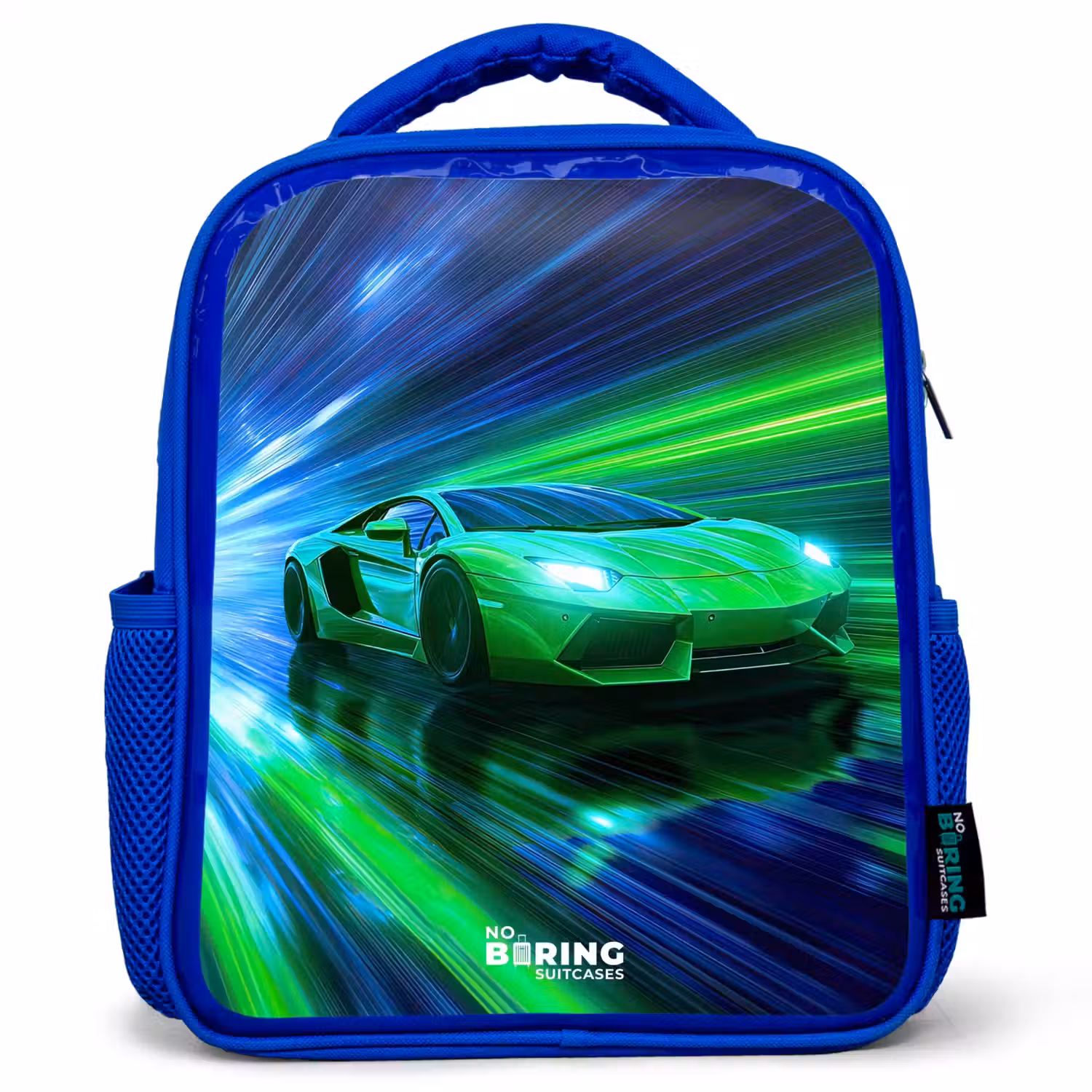 Raceauto - Felgroen - Lichtstralen - Snelheid Kinderrugzak - Blauw middel -3d