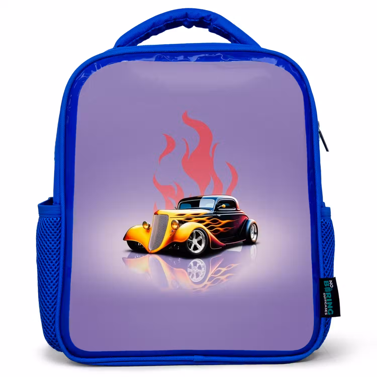 Gele auto met roze vlammen Kinderrugzak - Blauw middel -3d