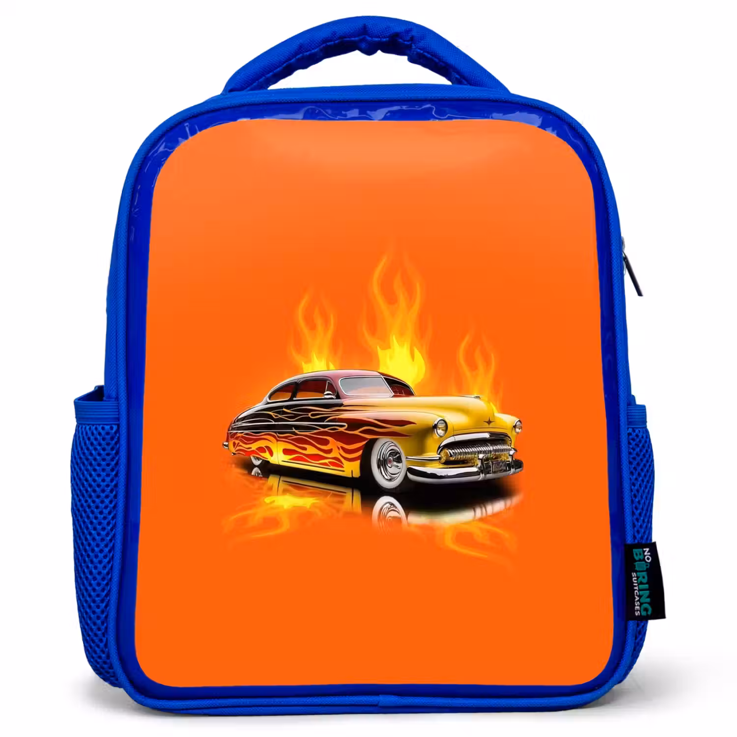 Gele auto met gele vlammen Kinderrugzak - Blauw middel -3d