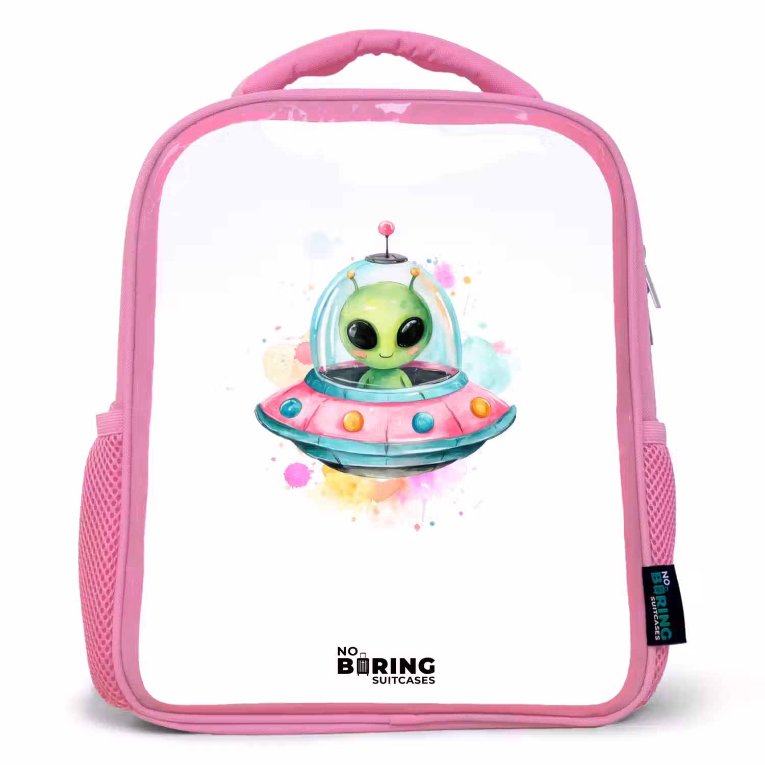 Groene alien in kleurrijke UFO Kinderrugzak - Roze middel -3d