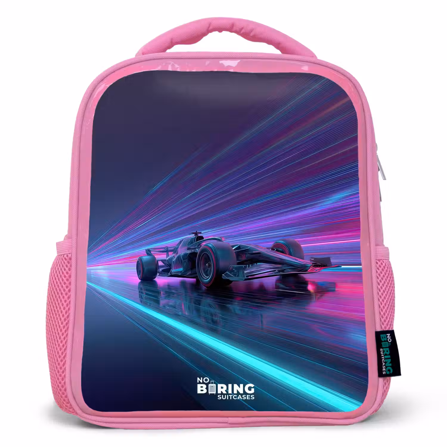 Neon - Raceauto - Lichtstrepen - Paars Kinderrugzak - Roze middel -3d