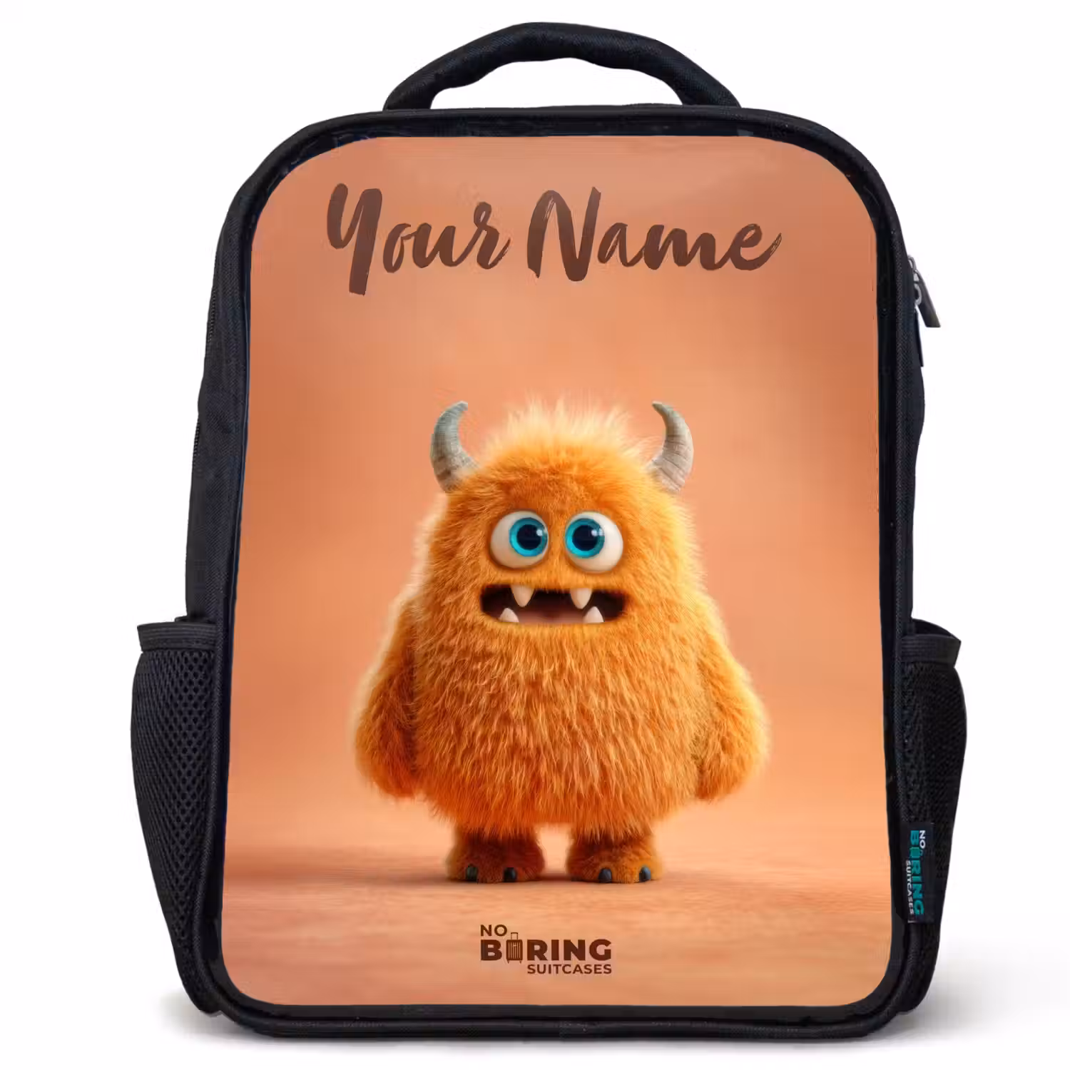Oranje Pluizig Monster met Hoorns Rugzak - Zwart middel -3d